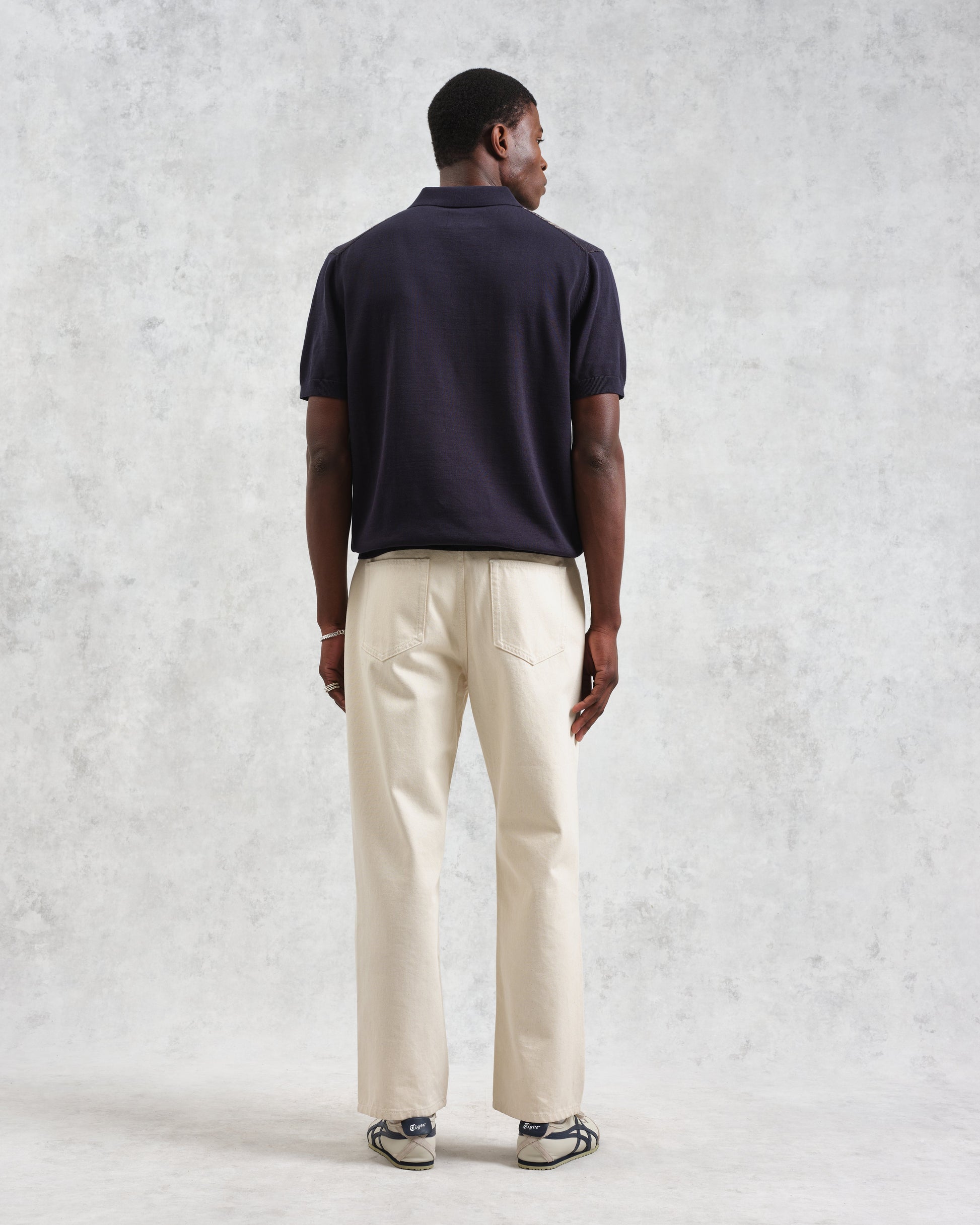 wax london men's Turin - Navy And Khaki Retro Stripe Knitted Cotton Polo