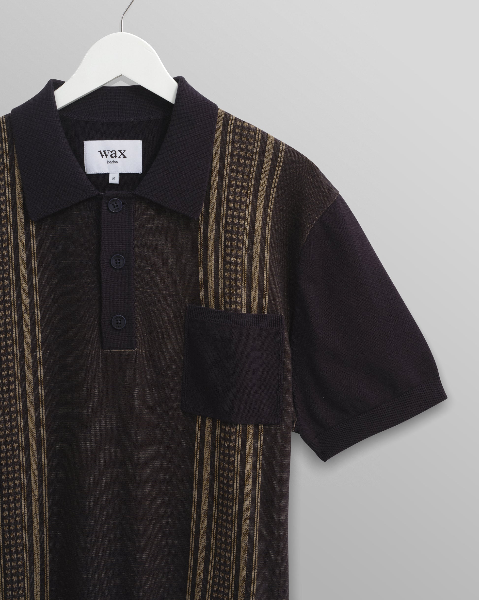 wax london men's Turin - Navy And Khaki Retro Stripe Knitted Cotton Polo