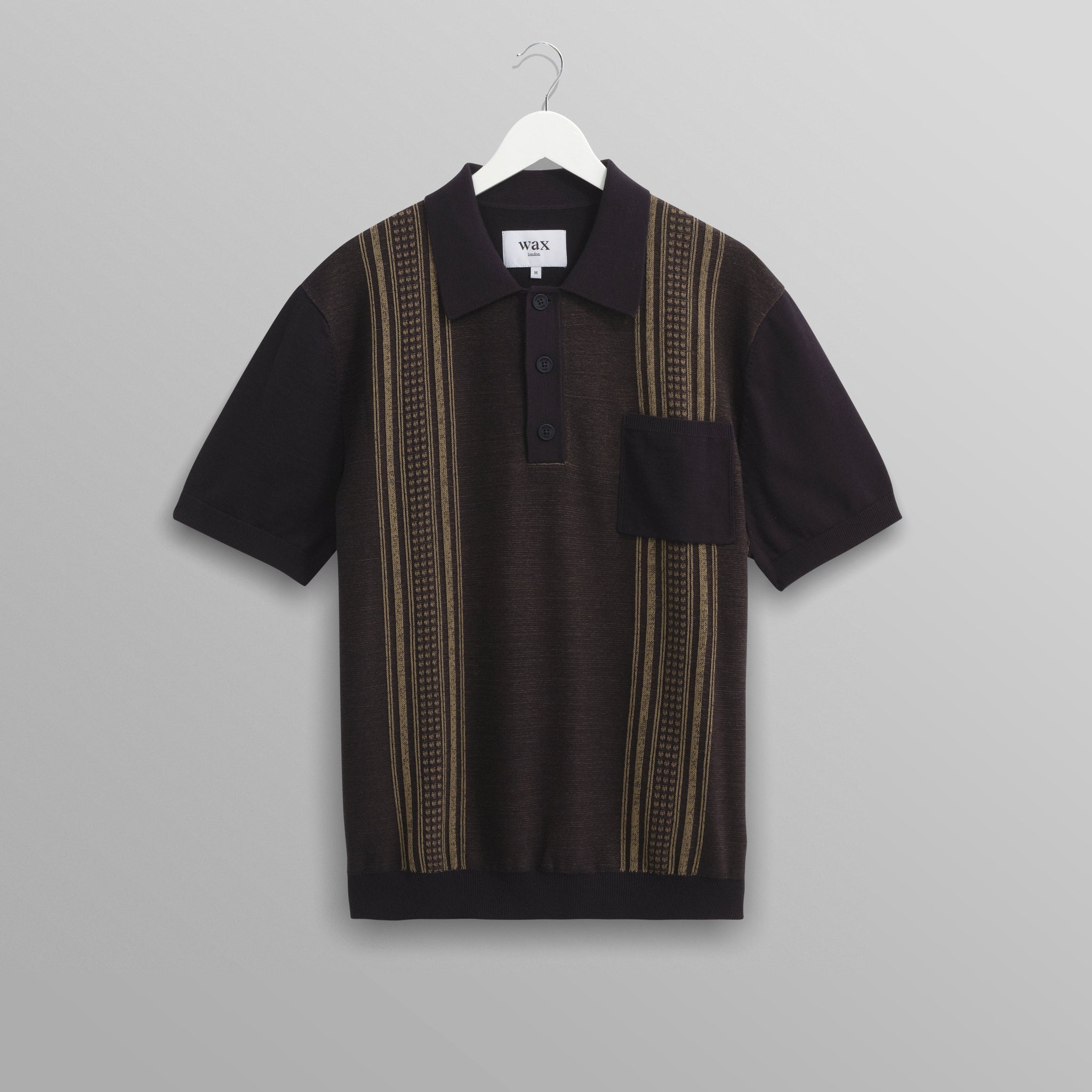 wax london men's Turin - Navy And Khaki Retro Stripe Knitted Cotton Polo