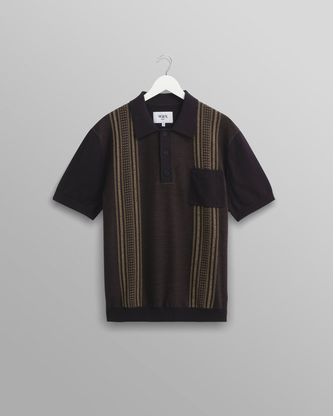 wax london men's Turin - Navy And Khaki Retro Stripe Knitted Cotton Polo