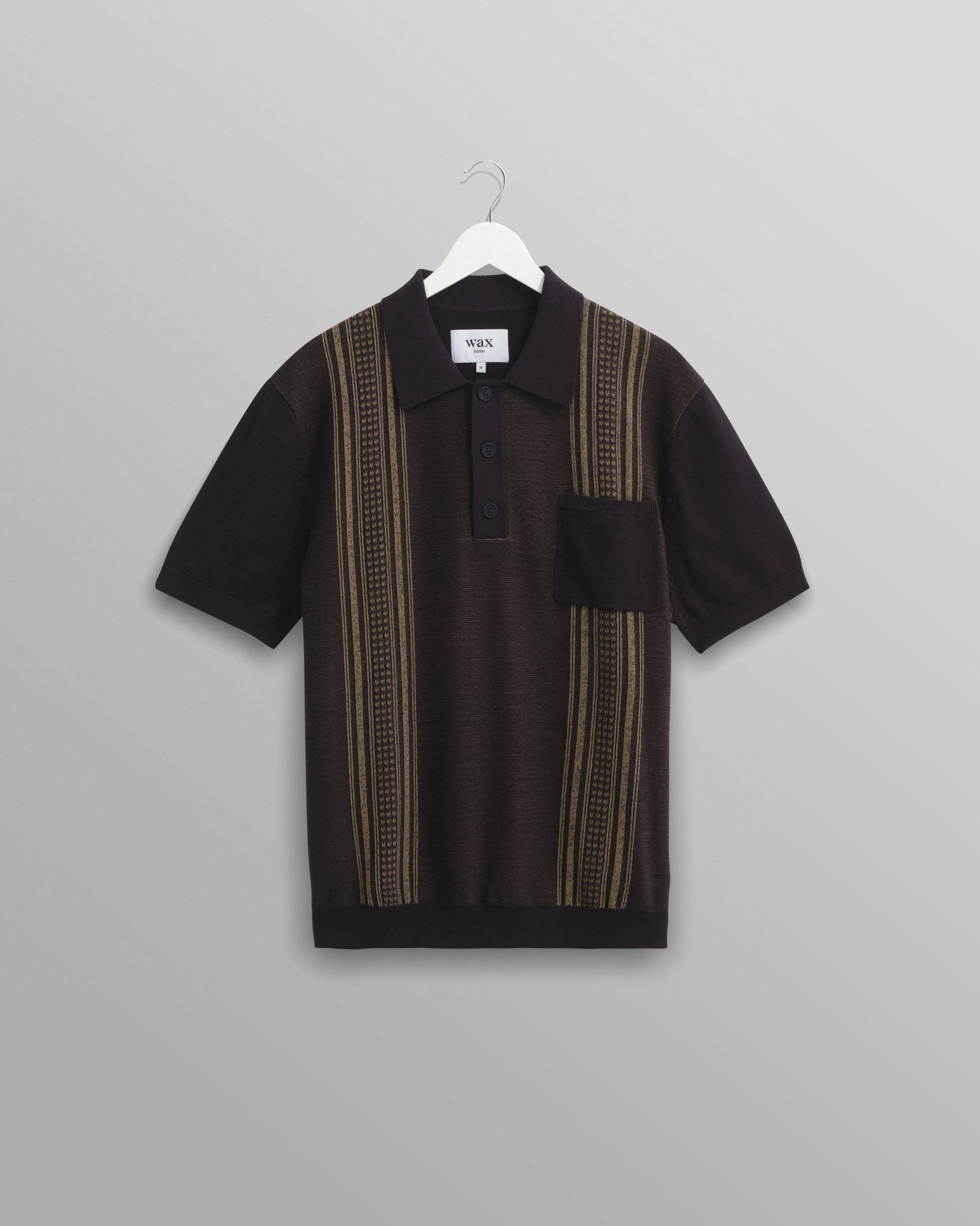 wax london men's Turin - Navy And Khaki Retro Stripe Knitted Cotton Polo