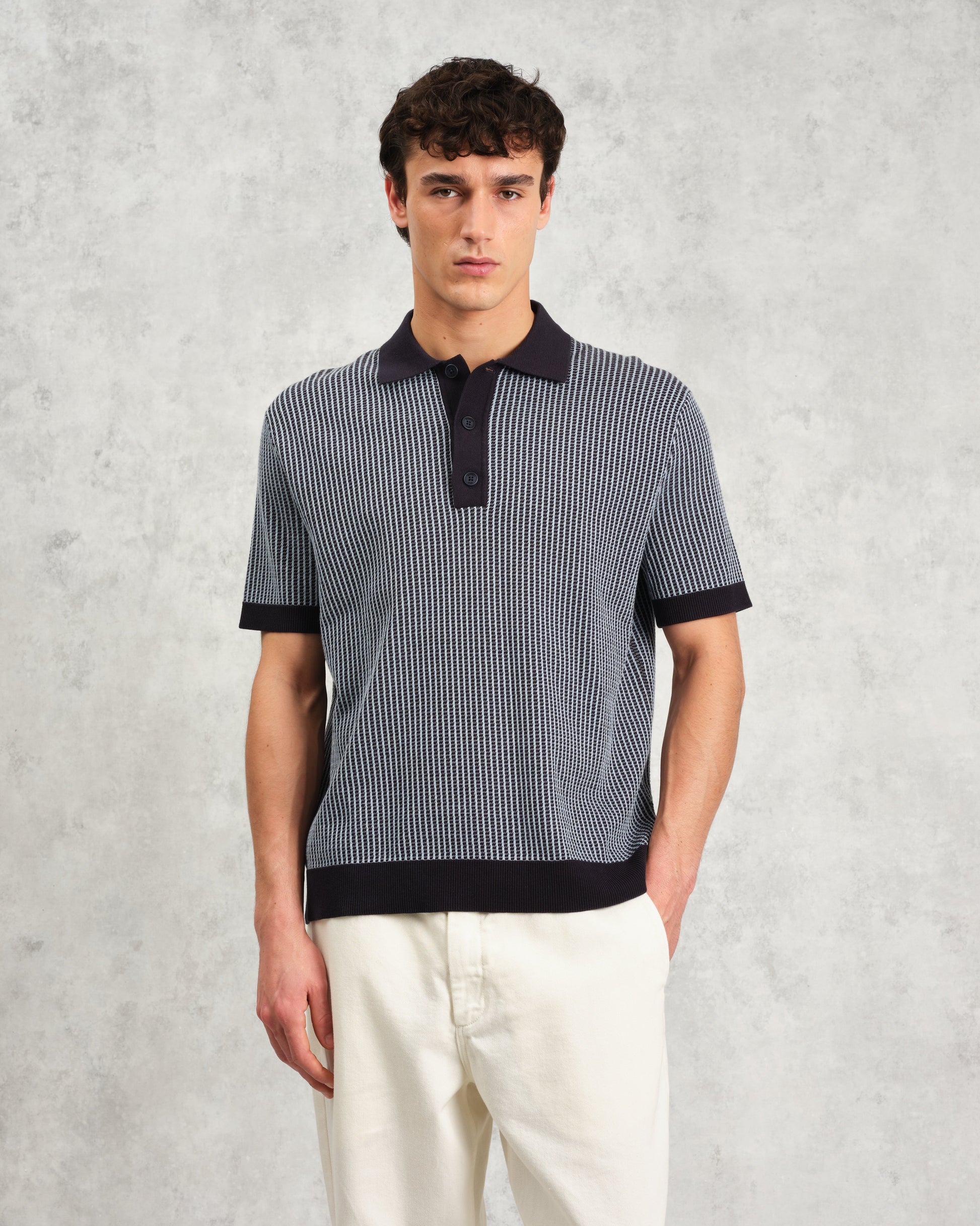 wax london men's Turin - Navy Ladder Stripe Knitted Cotton Polo