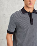 wax london men's Turin - Navy Ladder Stripe Knitted Cotton Polo