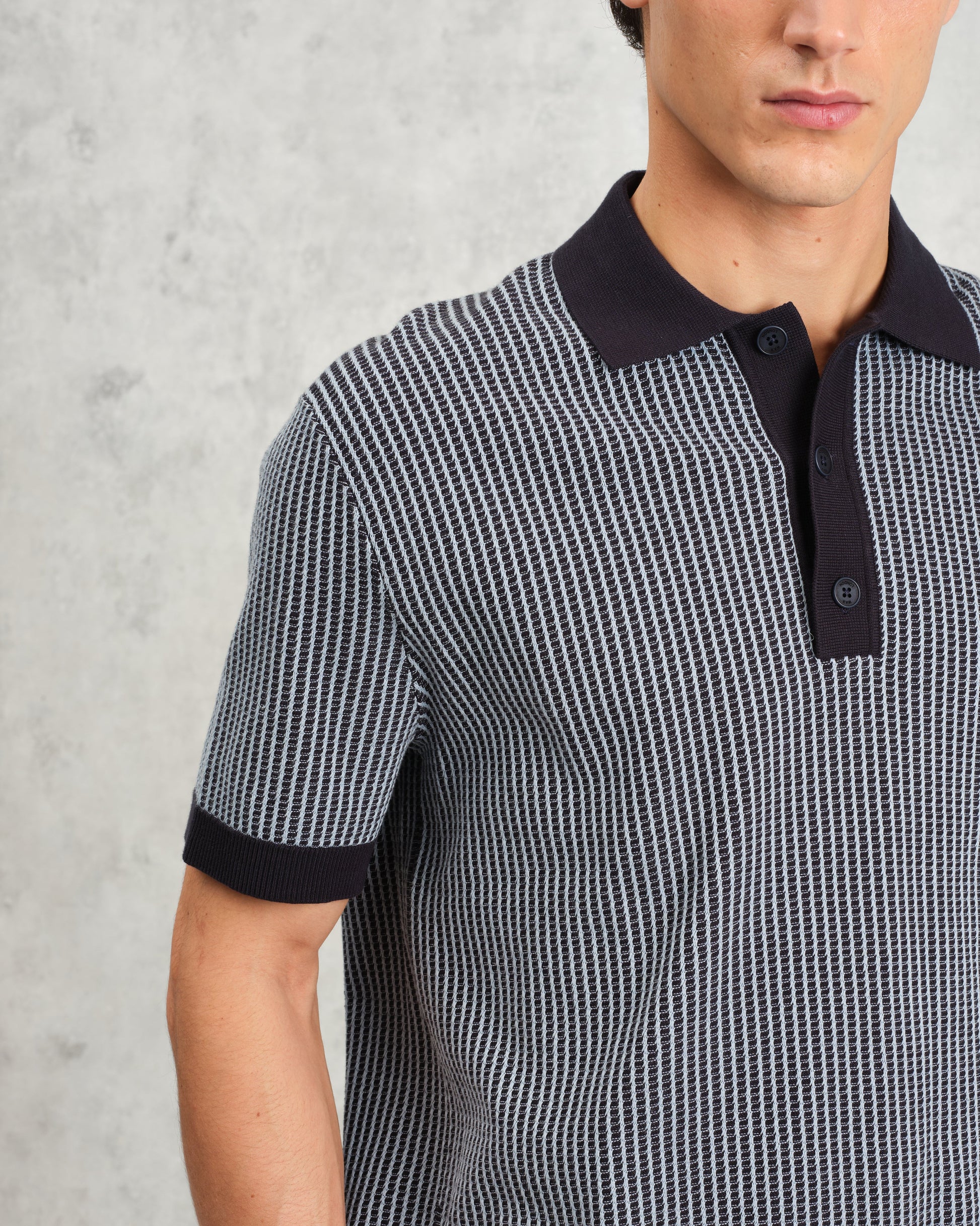 wax london men's Turin - Navy Ladder Stripe Knitted Cotton Polo