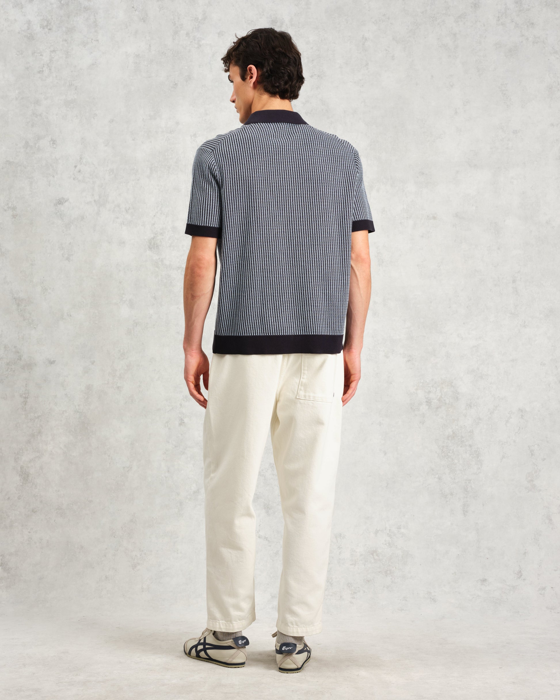 wax london men's Turin - Navy Ladder Stripe Knitted Cotton Polo