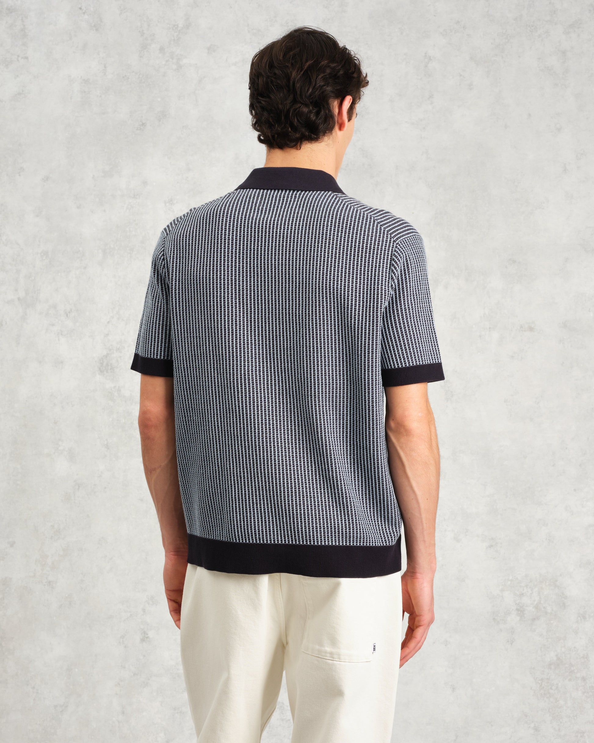 wax london men's Turin - Navy Ladder Stripe Knitted Cotton Polo