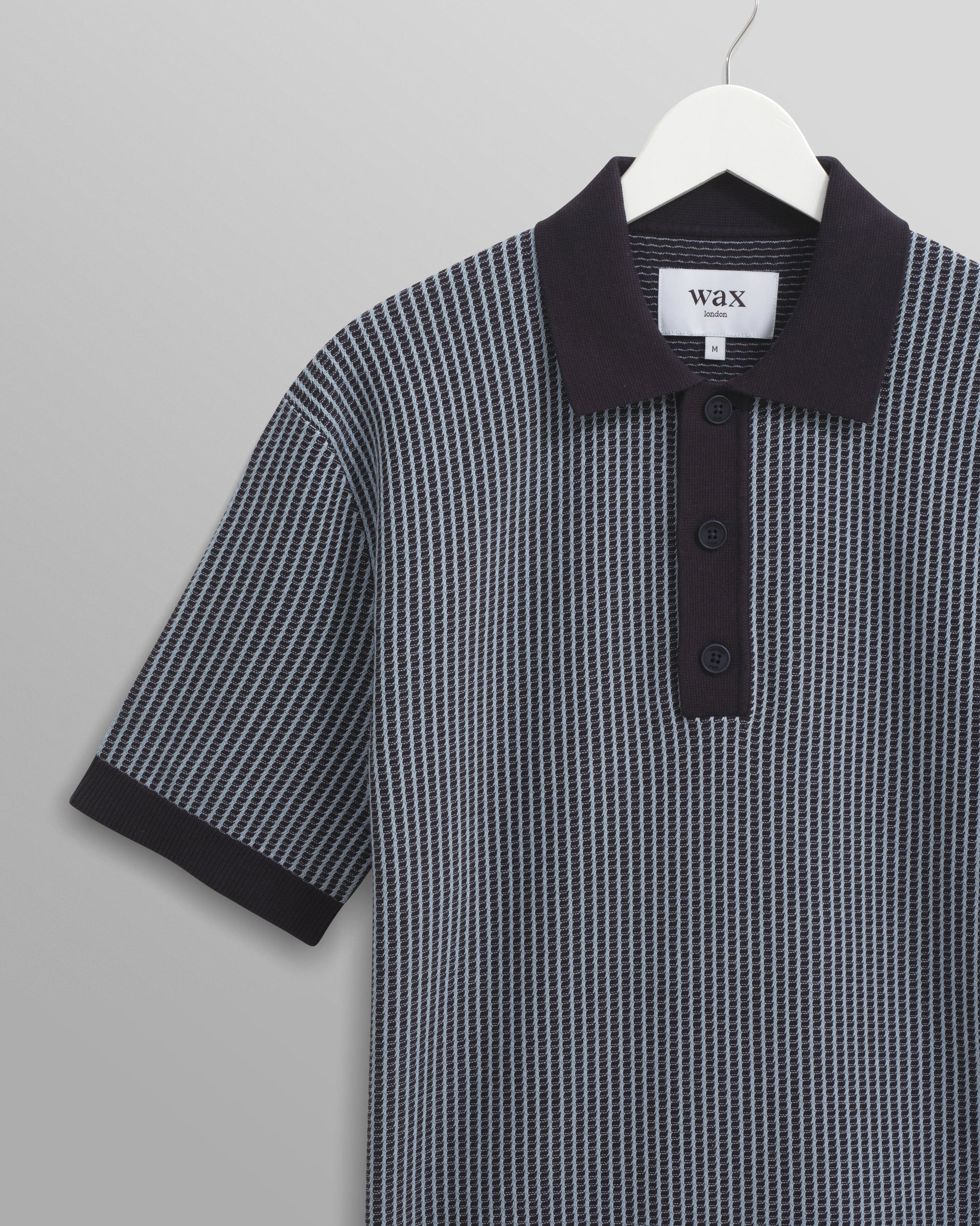 wax london men's Turin - Navy Ladder Stripe Knitted Cotton Polo