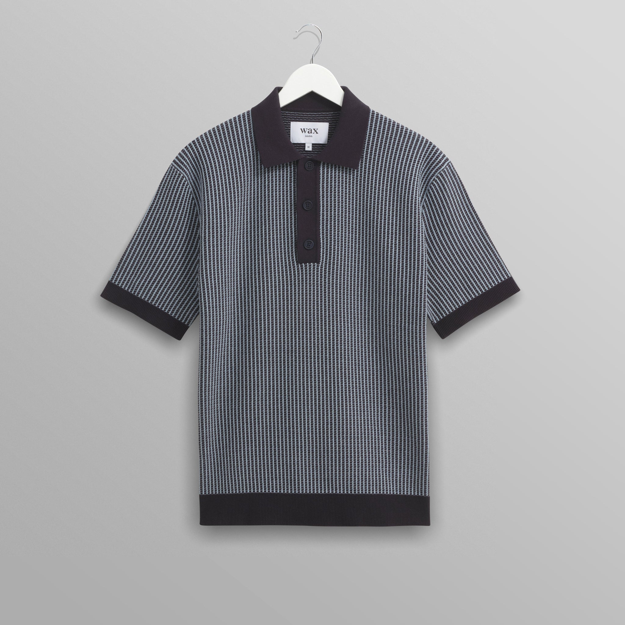 wax london men's Turin - Navy Ladder Stripe Knitted Cotton Polo
