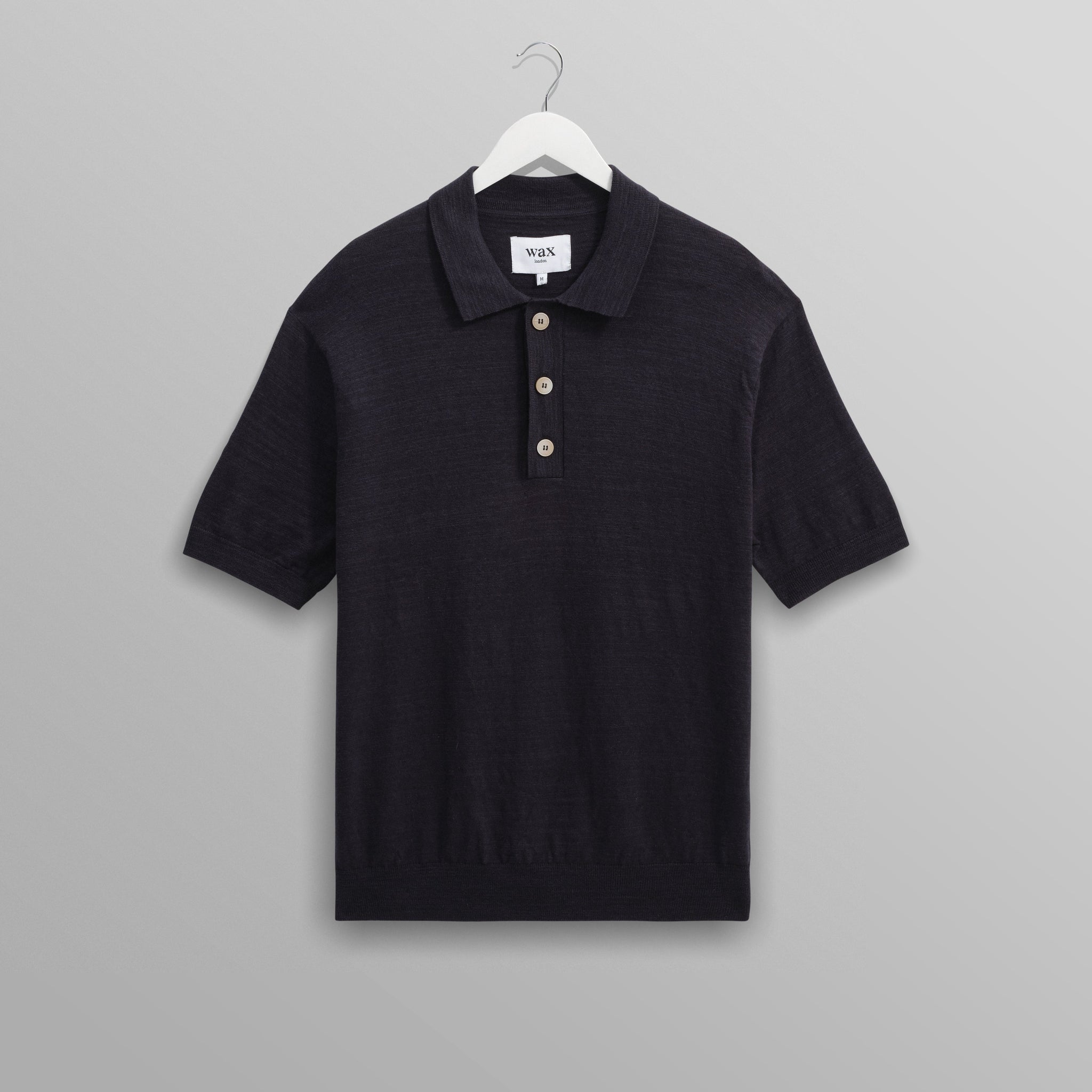 wax london men's Turin - Navy Slub Knitted Cotton And Linen Polo