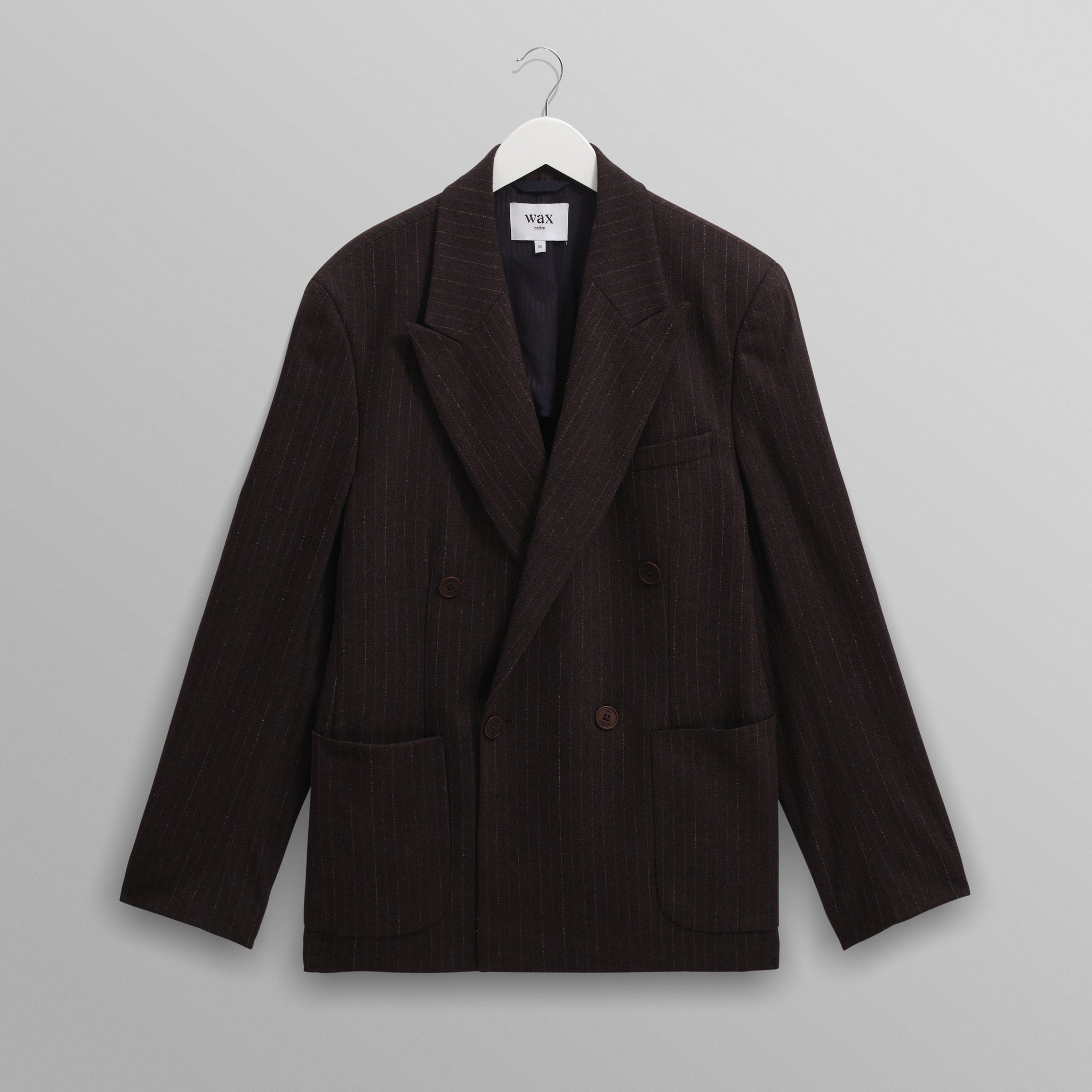 wax london men's Vigo - Dark Brown Double Breasted Wool Pinstripe Blazer