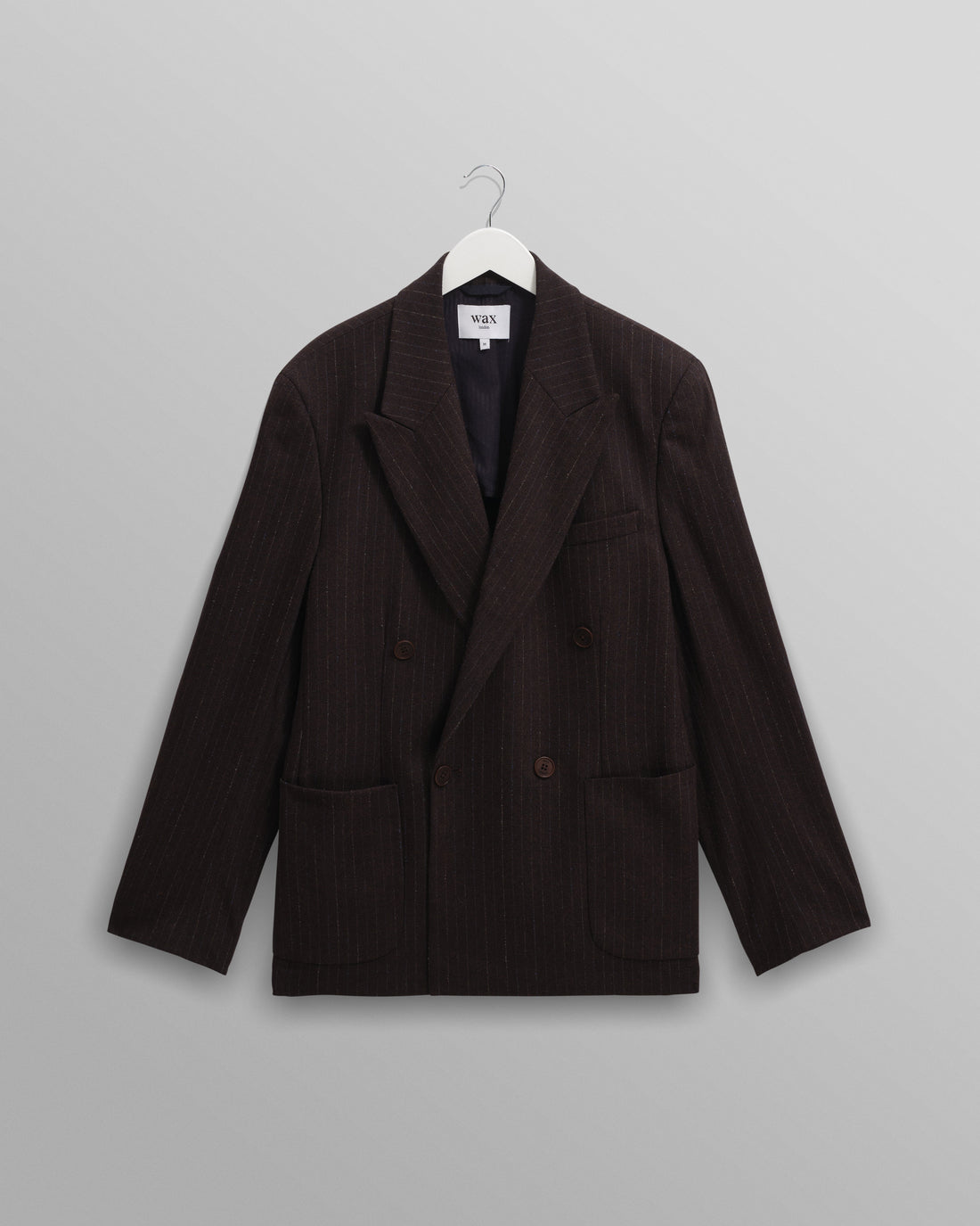 wax london men's Vigo - Dark Brown Double Breasted Wool Pinstripe Blazer