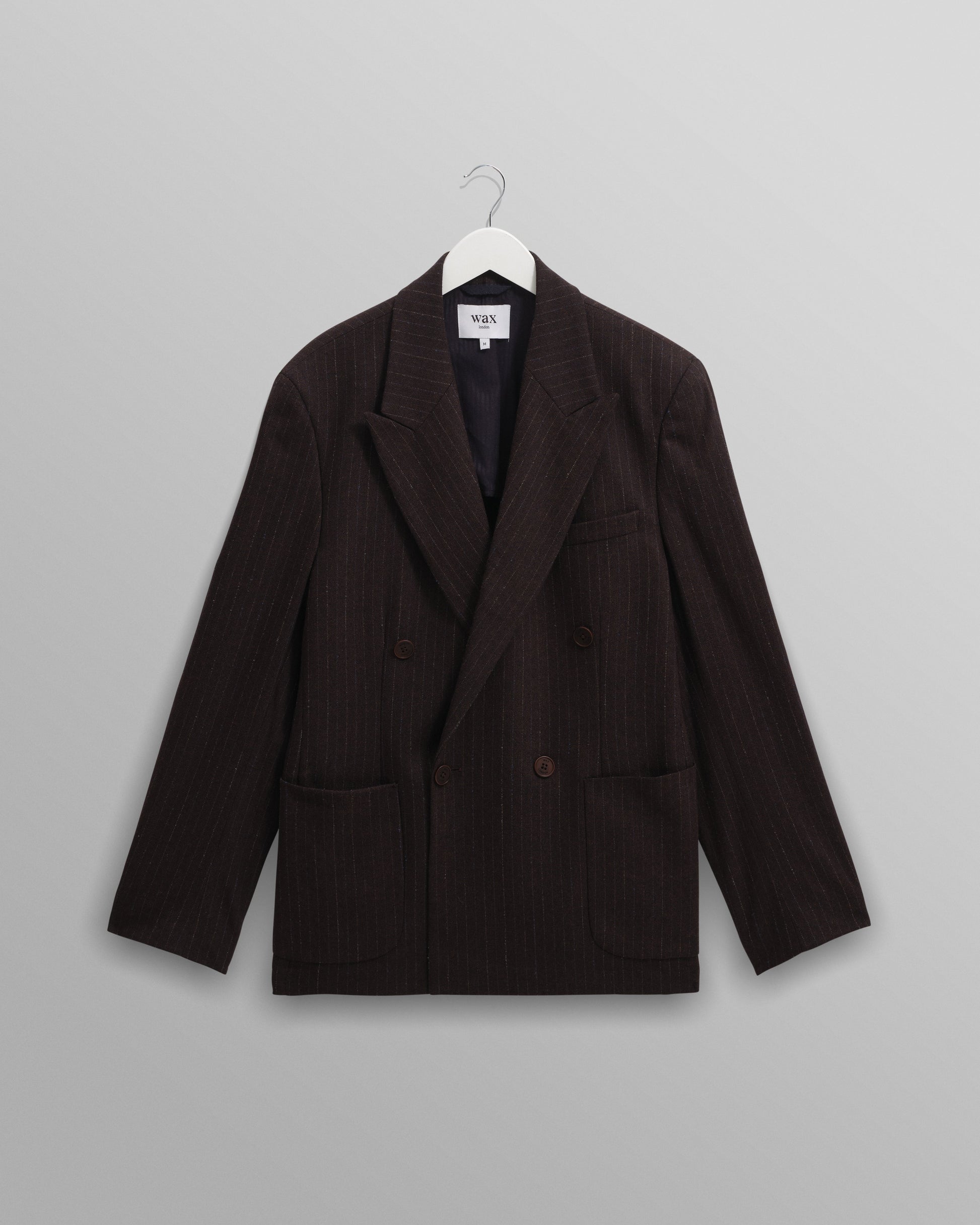 wax london men's Vigo - Dark Brown Double Breasted Wool Pinstripe Blazer
