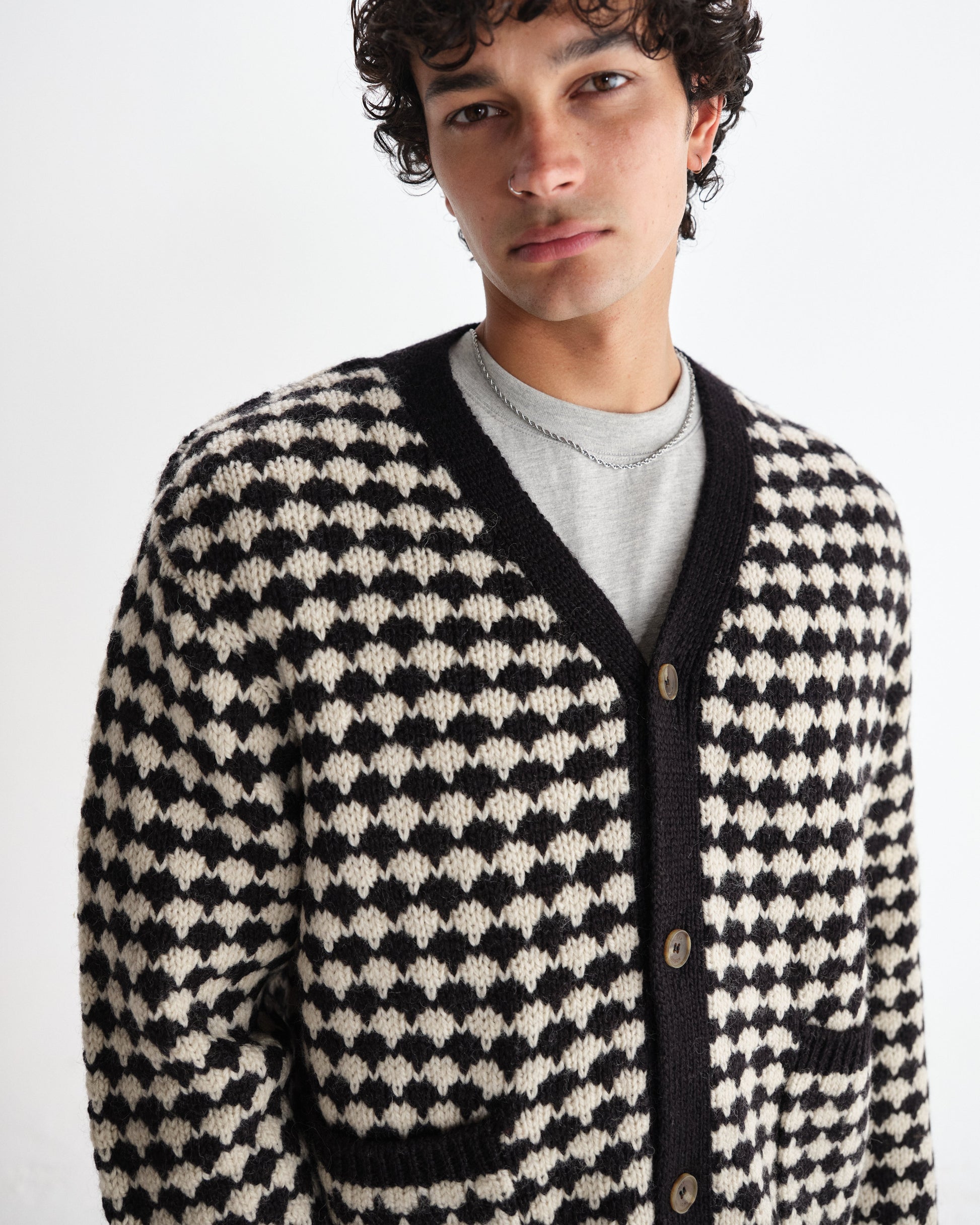 wax london men's Walker - Black And Ecru Bubble Knit Cardigan