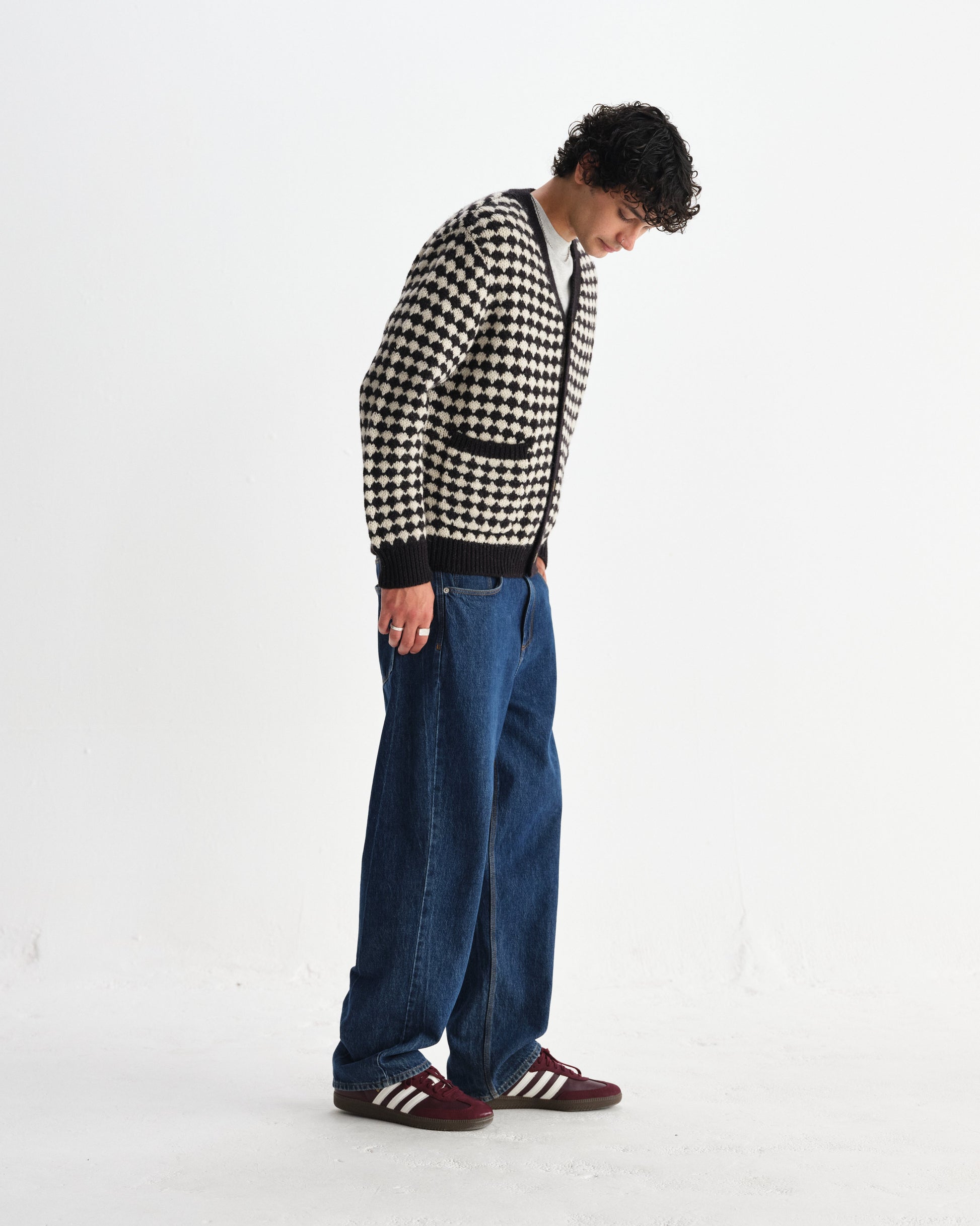 wax london men's Walker - Black And Ecru Bubble Knit Cardigan
