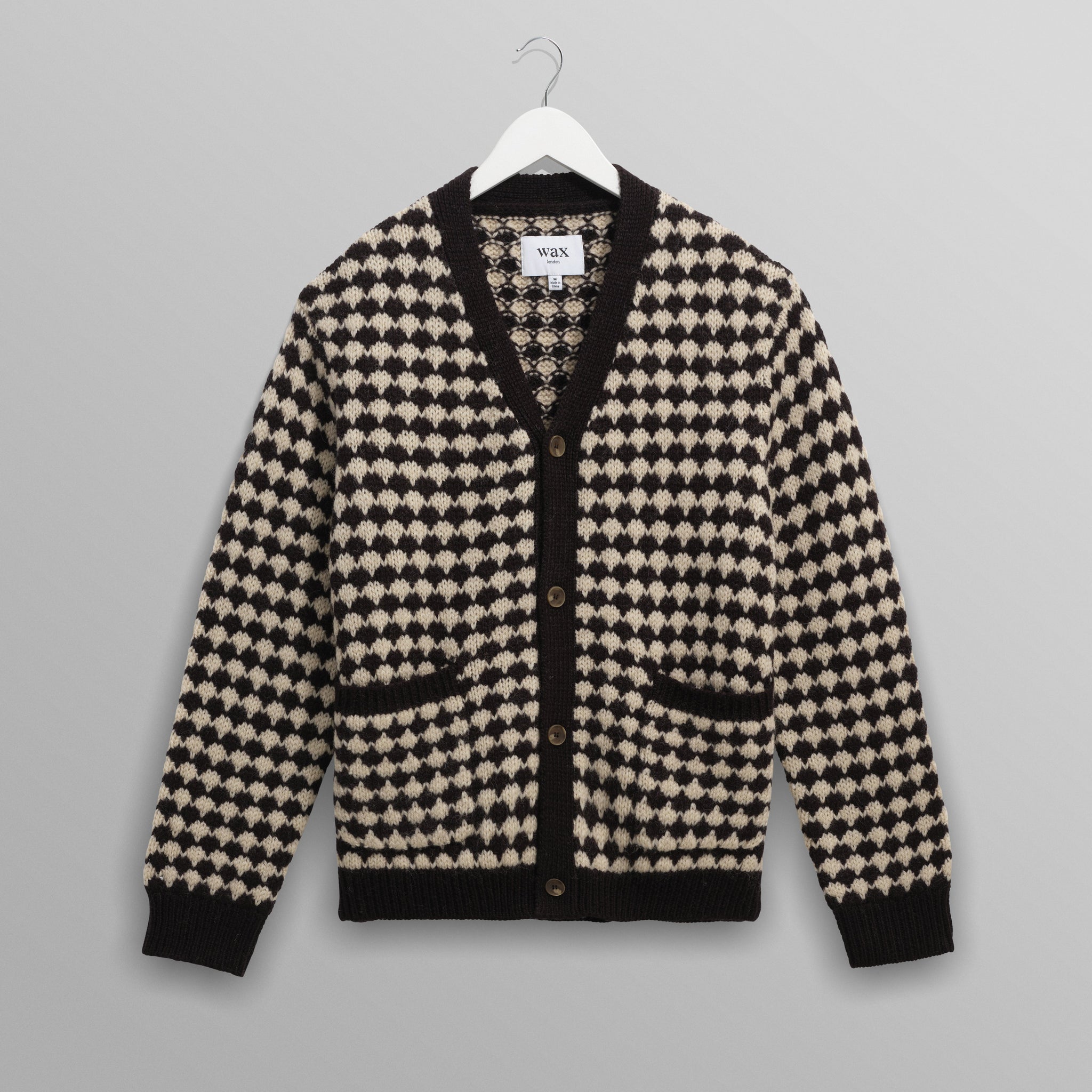 wax london men's Walker - Black And Ecru Bubble Knit Cardigan