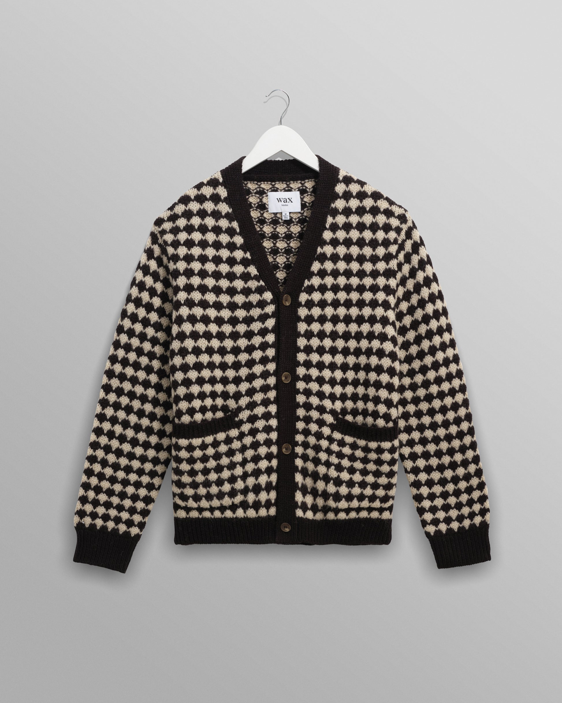 wax london men's Walker - Black And Ecru Bubble Knit Cardigan