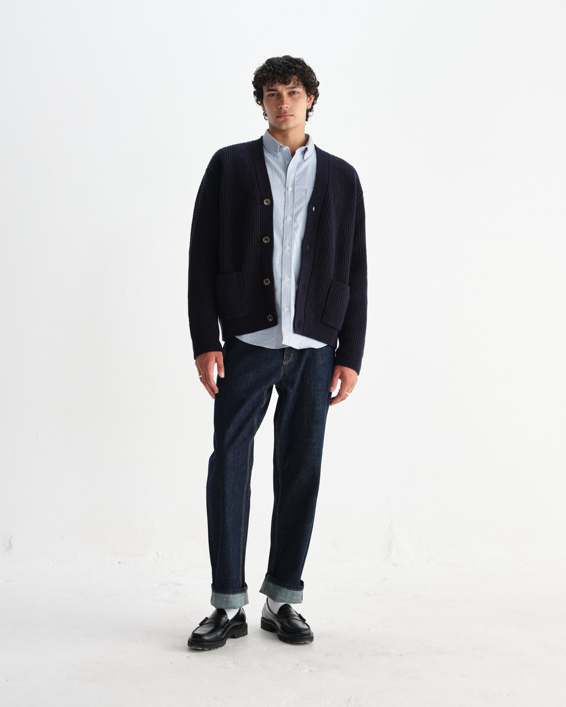 wax london men's Walker - Navy Rib Stitch Knit Cardigan