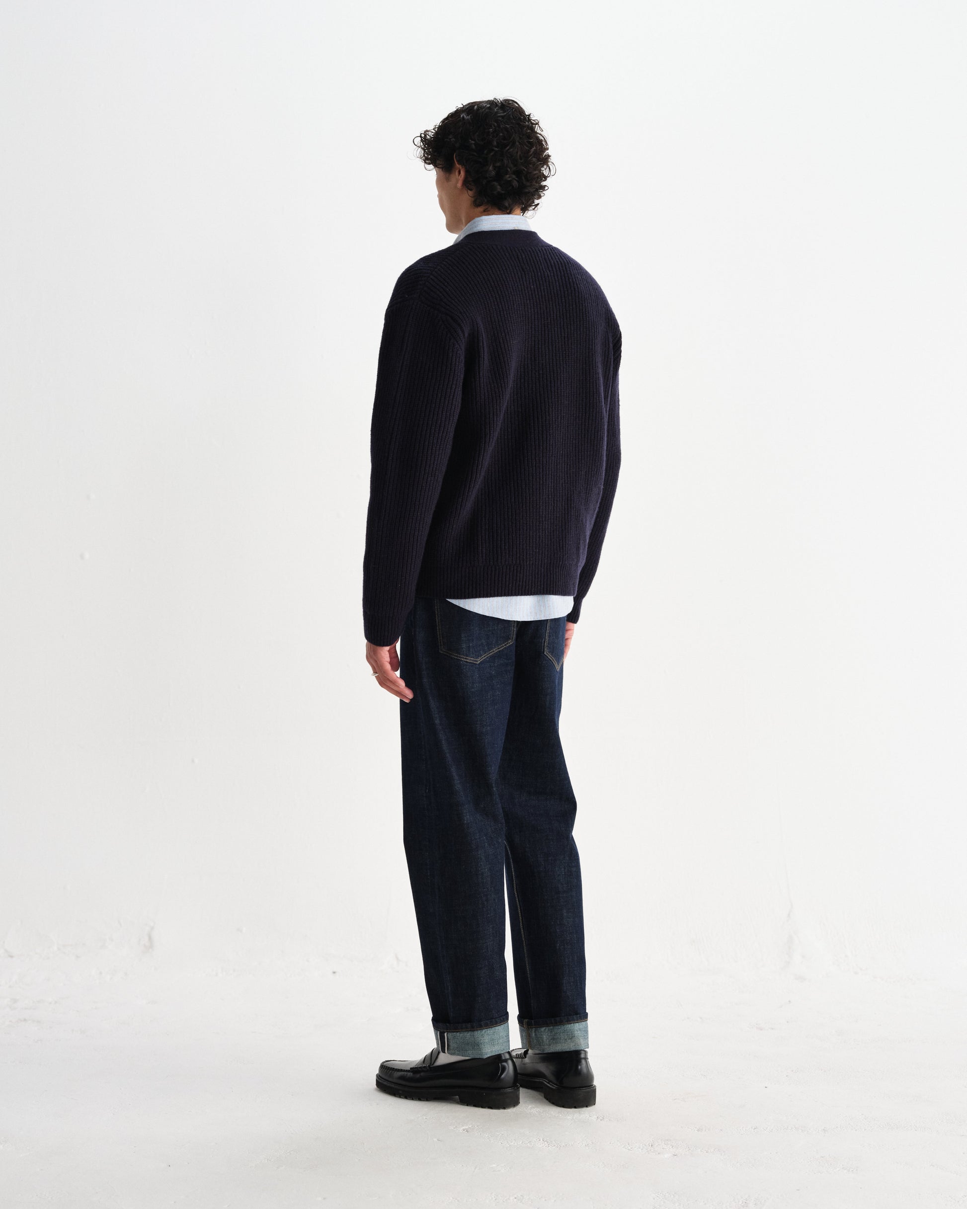 wax london men's Walker - Navy Rib Stitch Knit Cardigan
