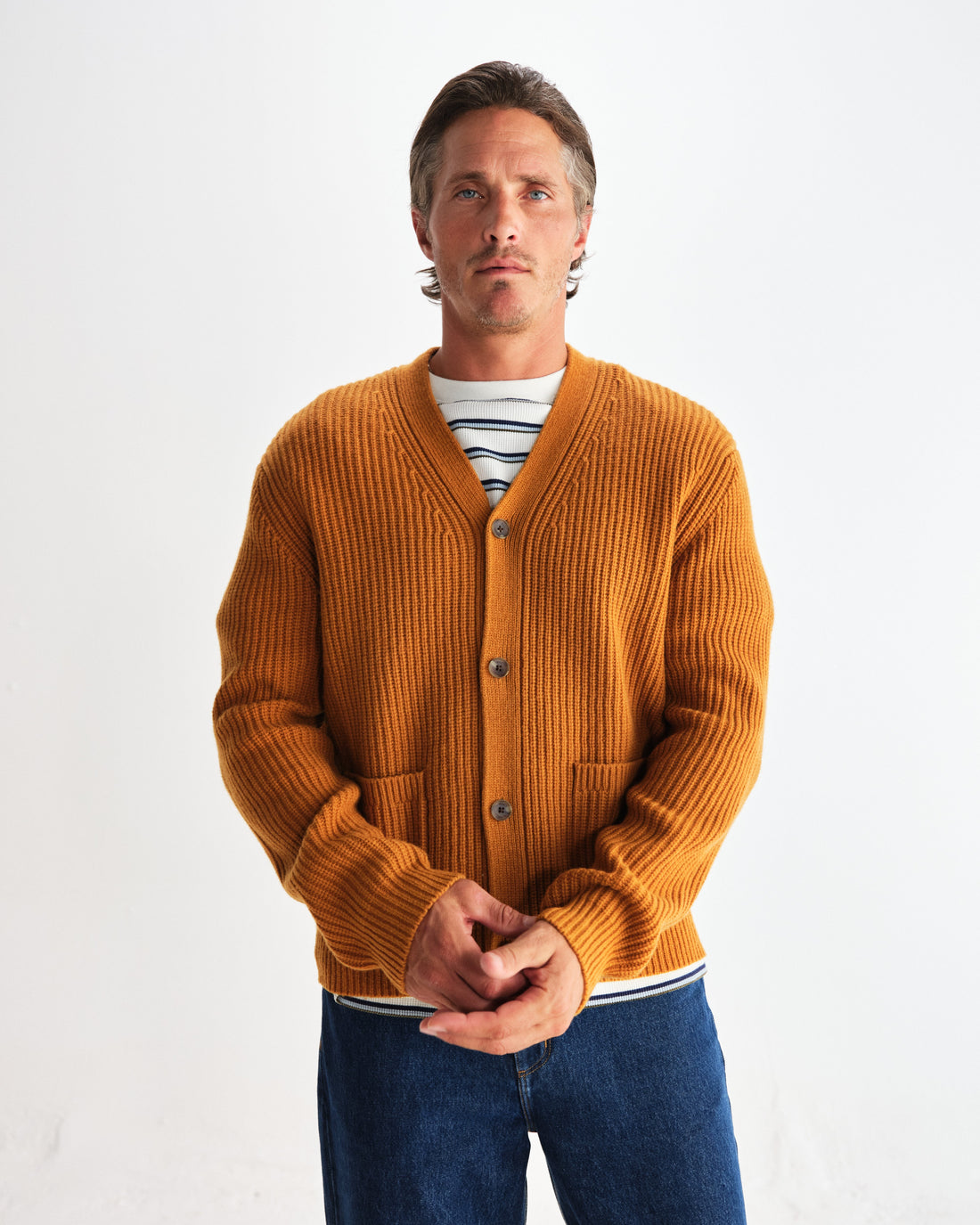 wax london men's Walker - Ochre Rib Stitch Knit Cardigan