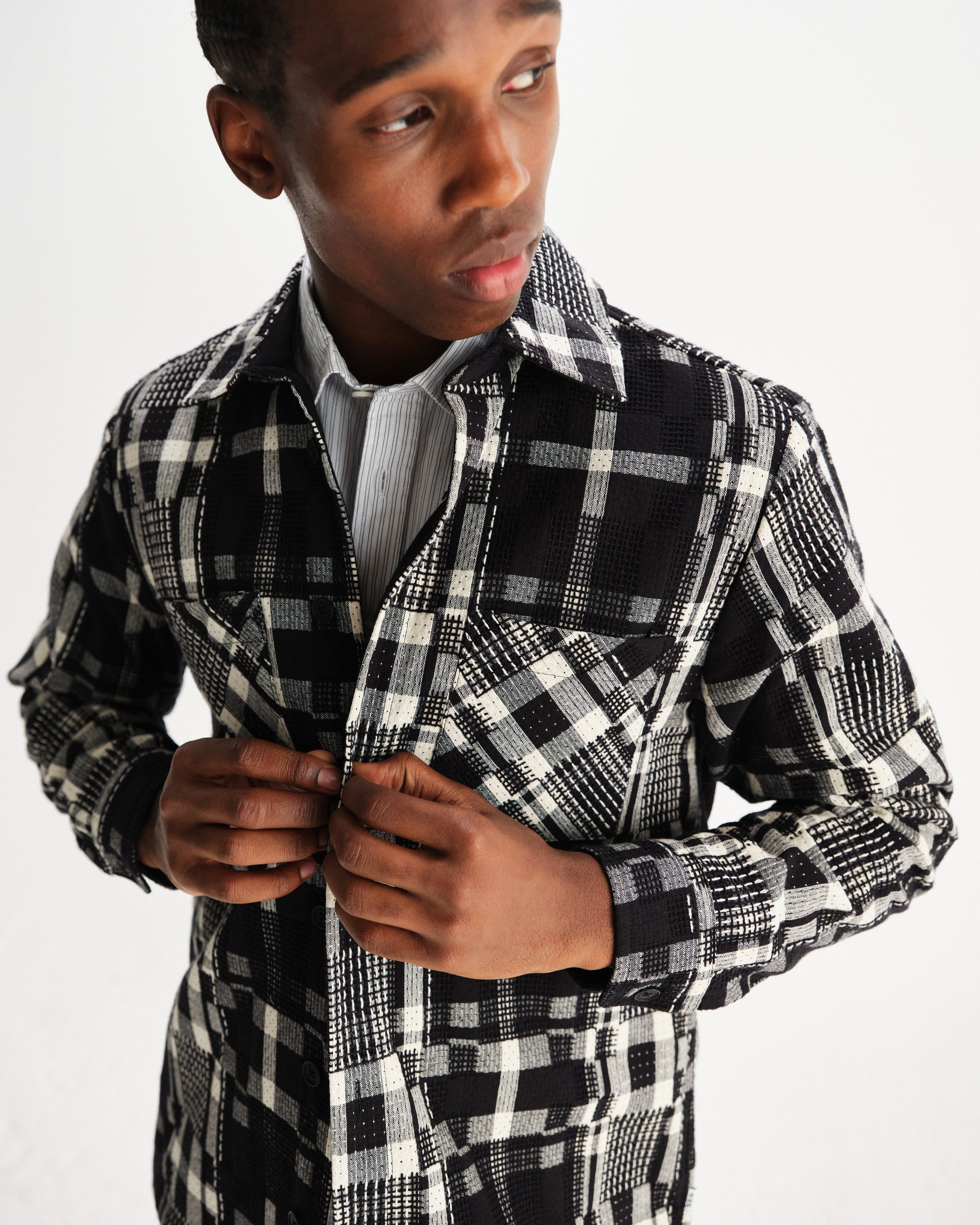 wax london men's Whiting - Black And Ecru Glitch Check Overshirt