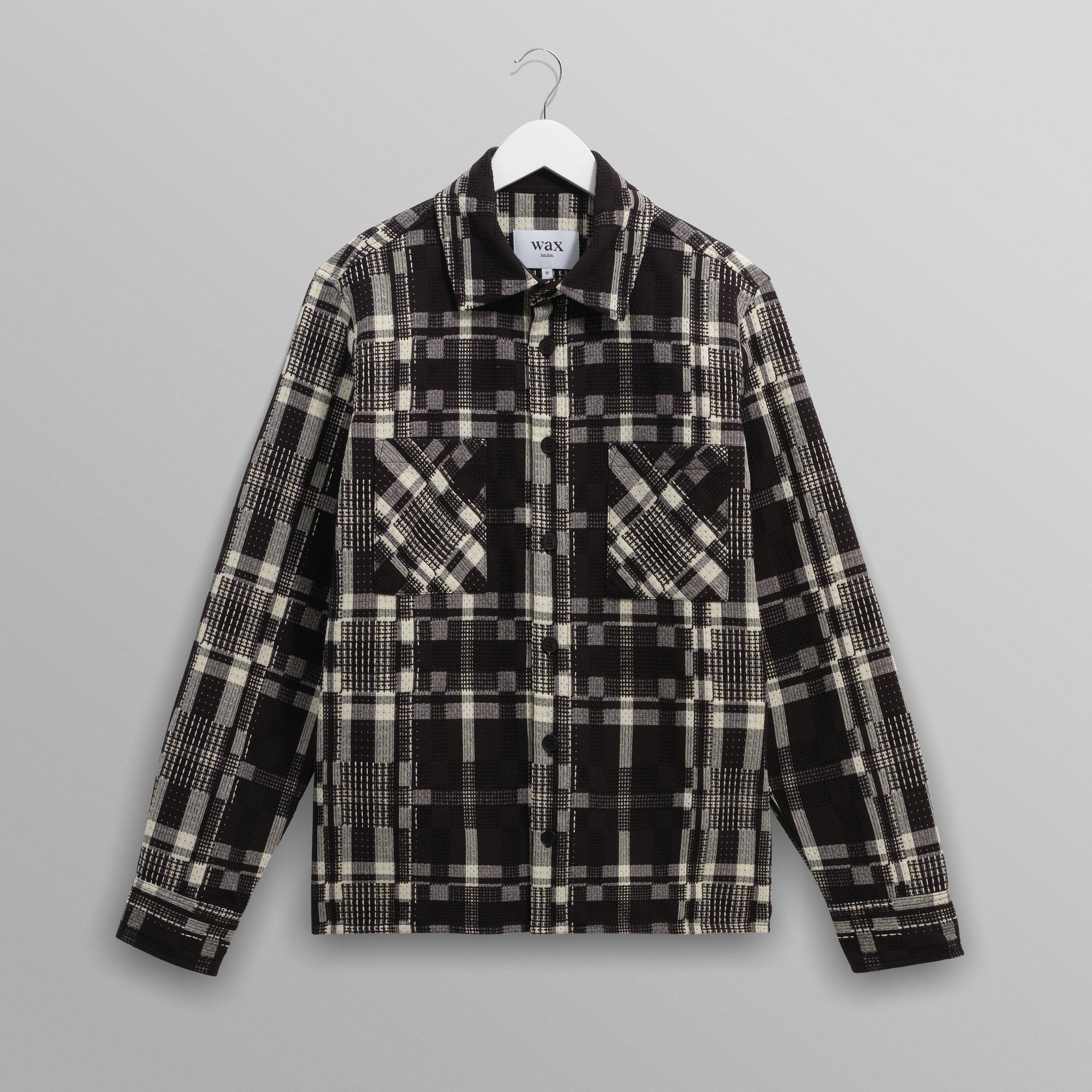 wax london men's Whiting - Black And Ecru Glitch Check Overshirt