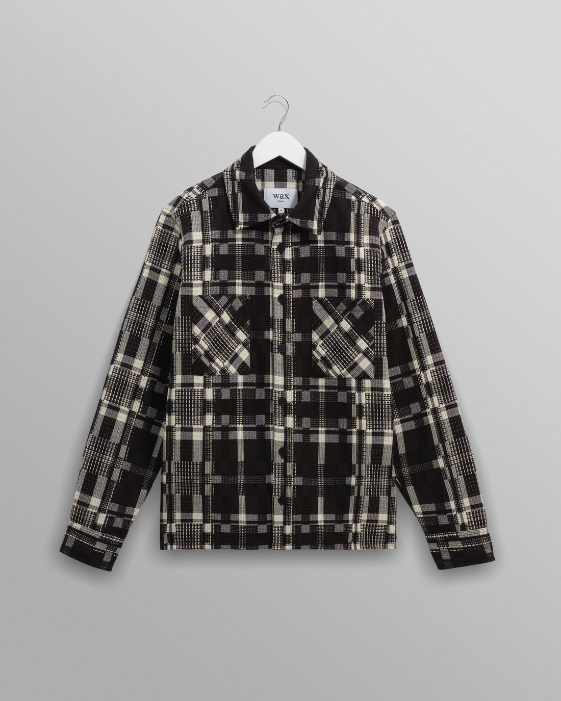 wax london men's Whiting - Black And Ecru Glitch Check Overshirt