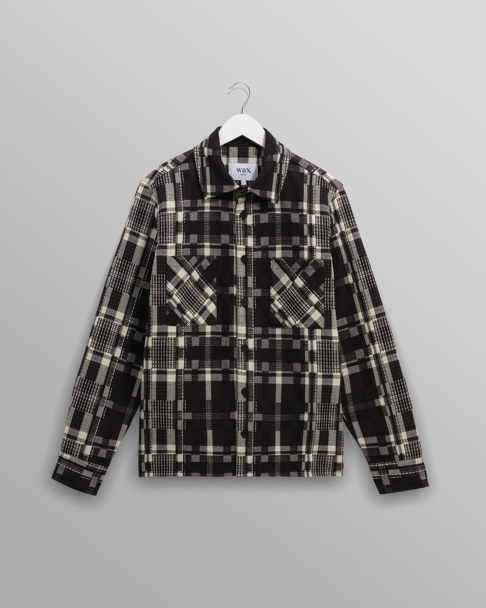 wax london men's Whiting - Black And Ecru Glitch Check Overshirt
