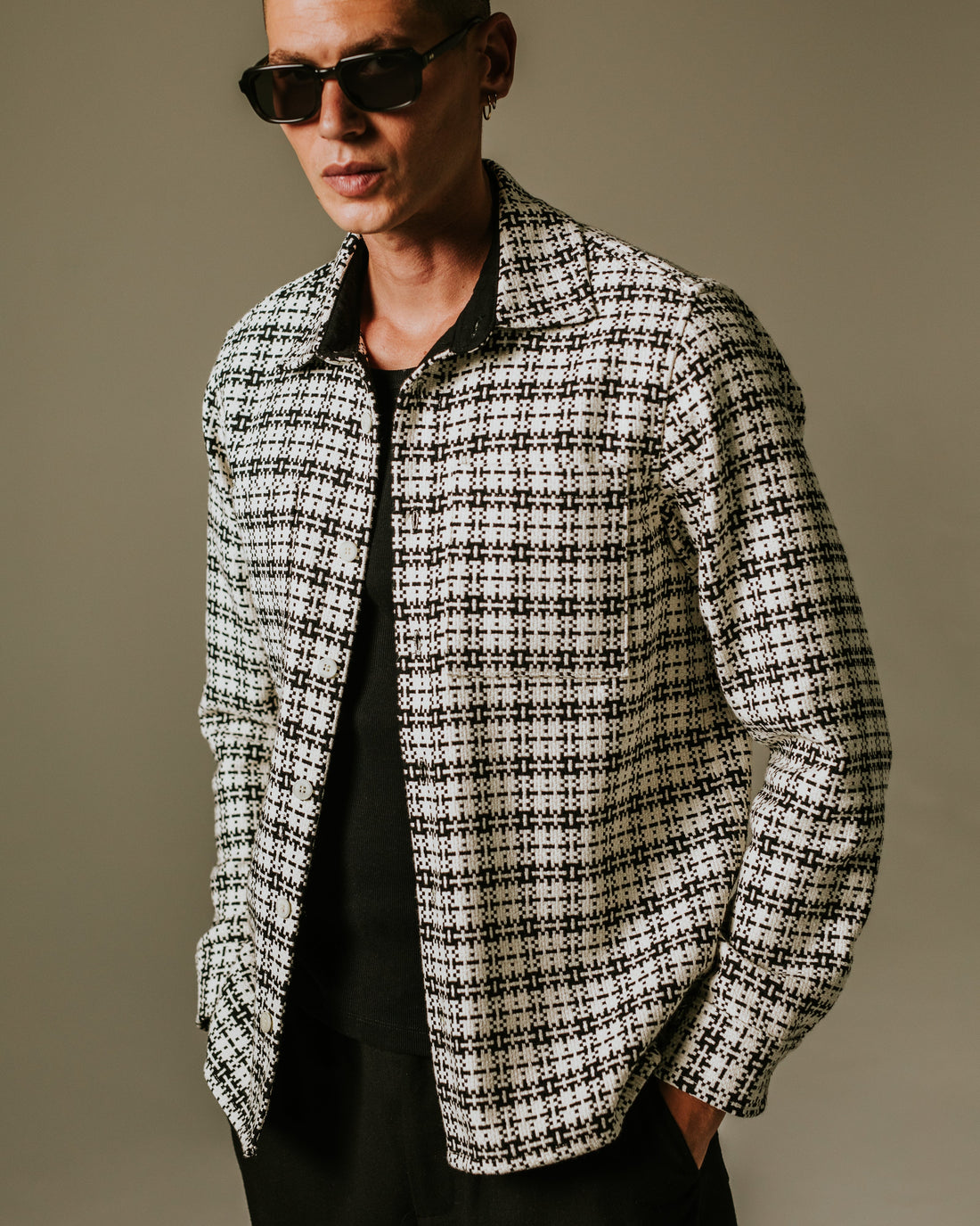wax london men's Whiting - Black And Ecru Yard Check Overshirt