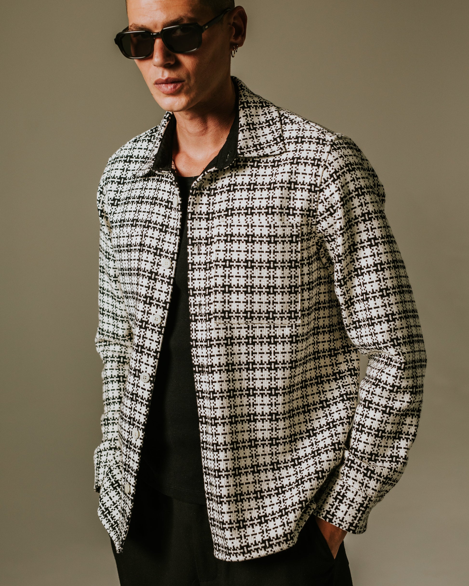 wax london men's Whiting - Black And Ecru Yard Check Overshirt