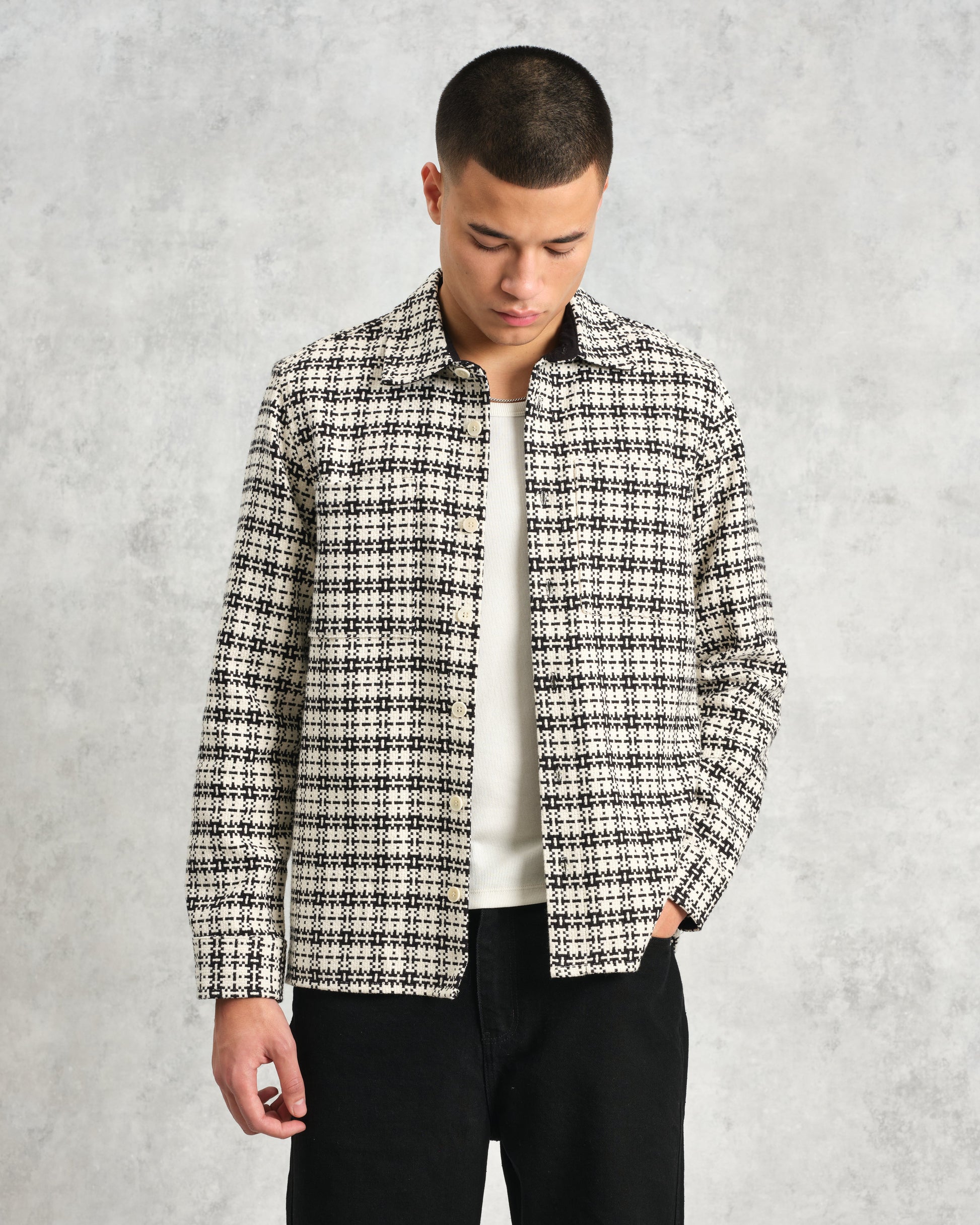 wax london men's Whiting - Black And Ecru Yard Check Overshirt