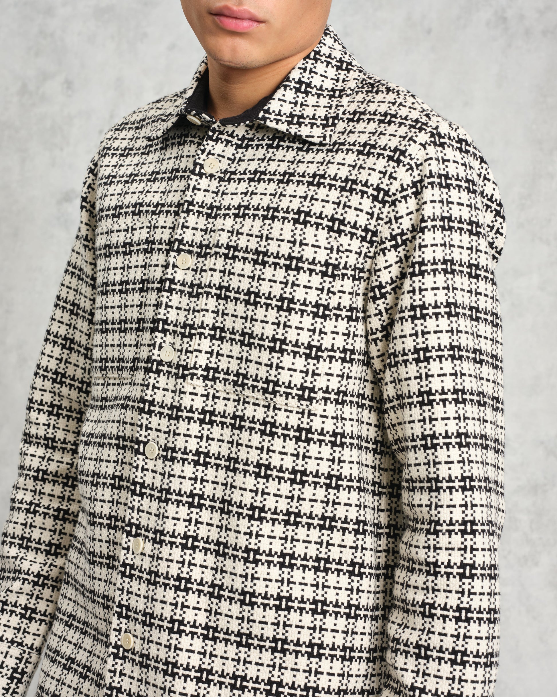 wax london men's Whiting - Black And Ecru Yard Check Overshirt