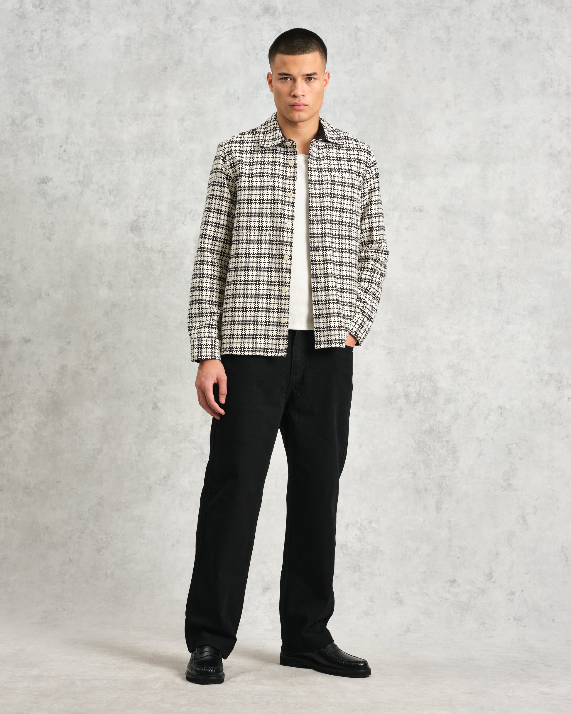 wax london men's Whiting - Black And Ecru Yard Check Overshirt