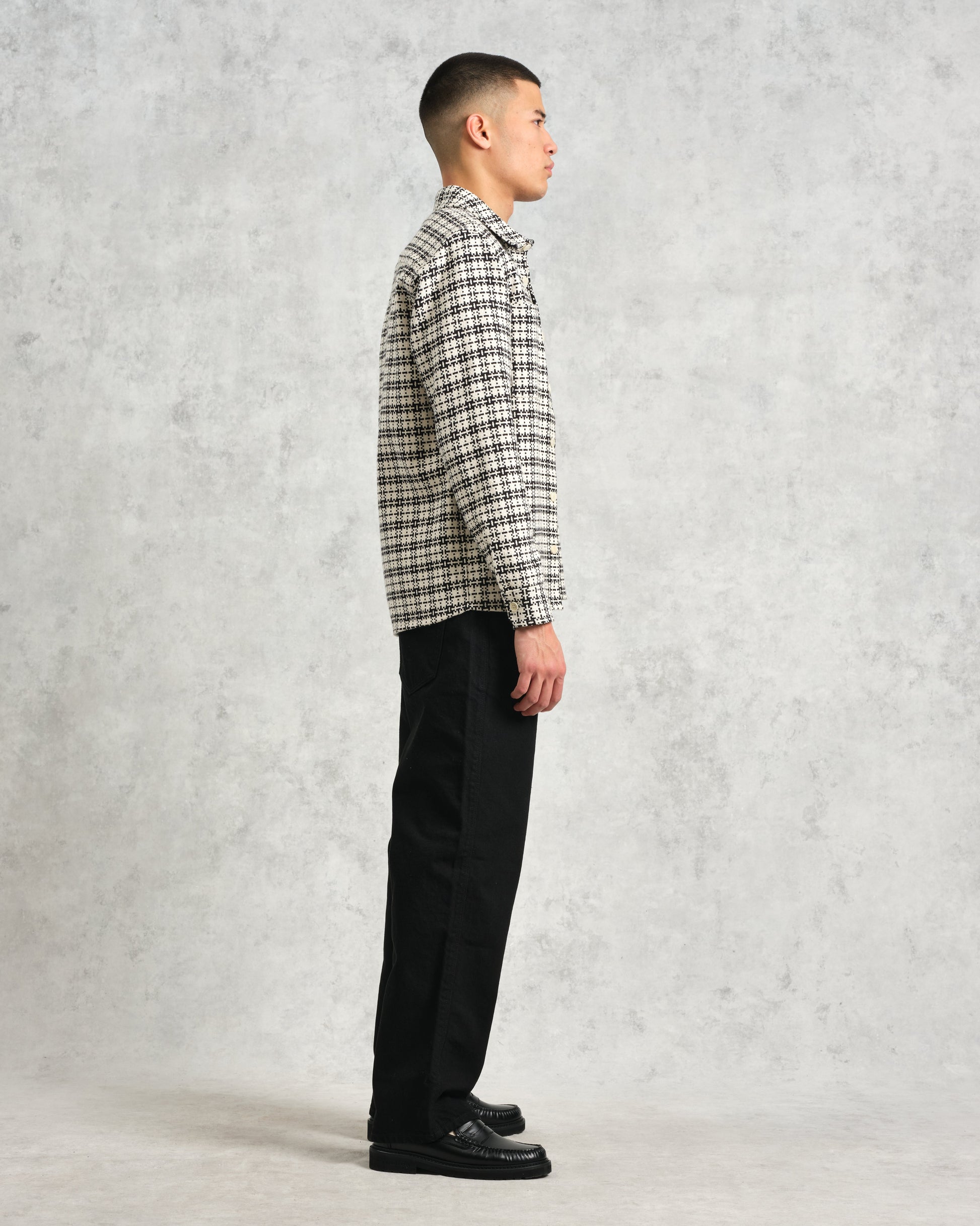 wax london men's Whiting - Black And Ecru Yard Check Overshirt