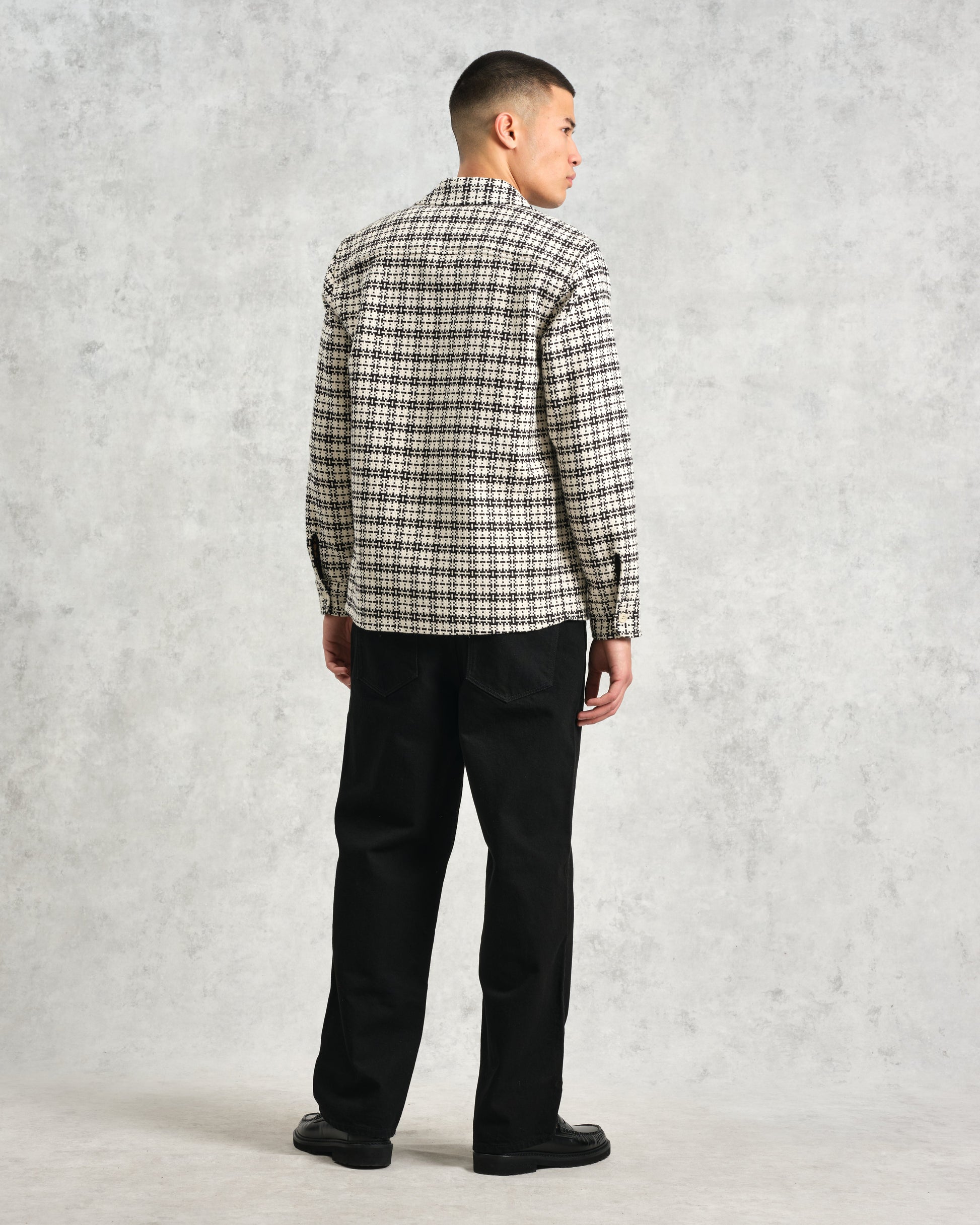 wax london men's Whiting - Black And Ecru Yard Check Overshirt