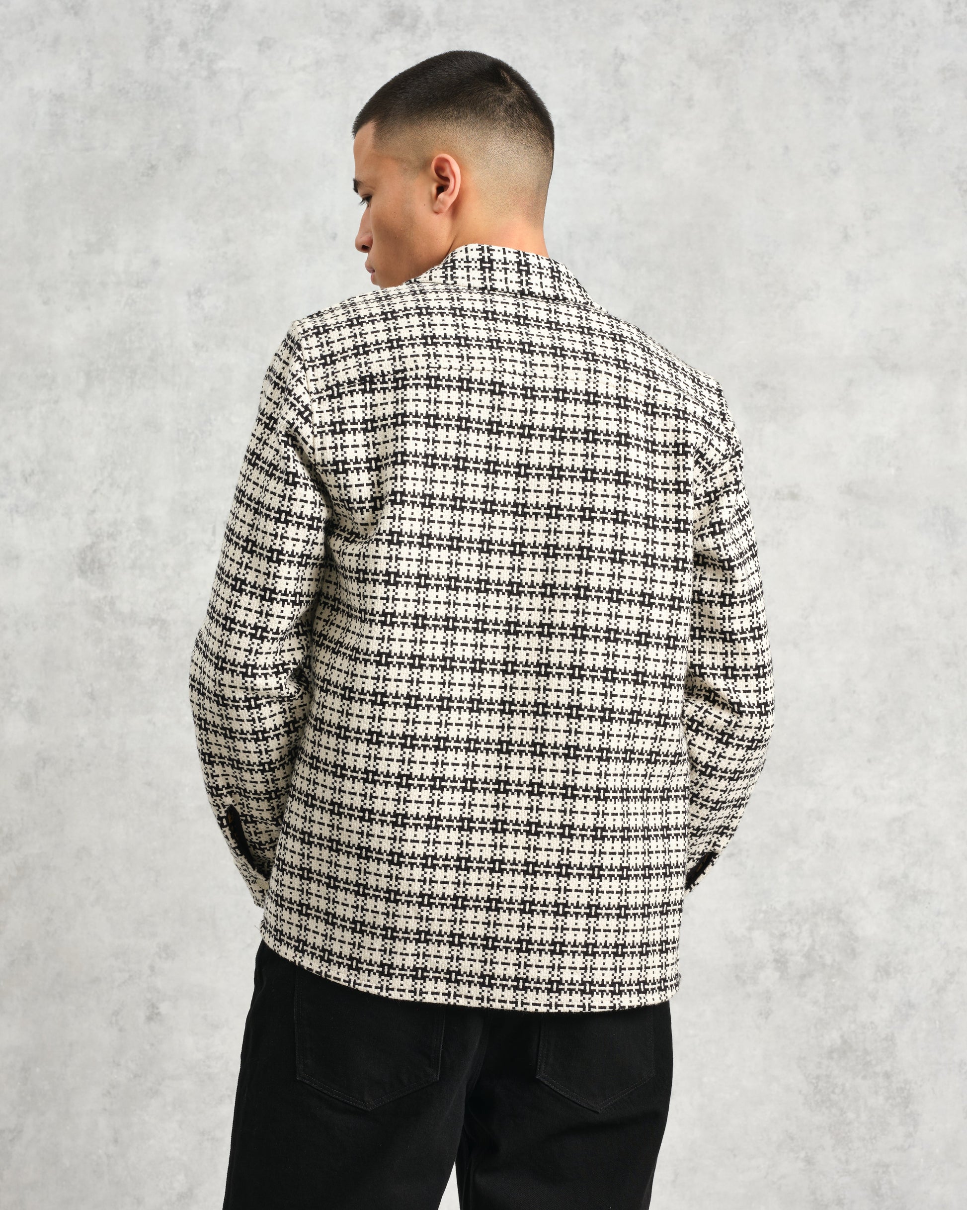 wax london men's Whiting - Black And Ecru Yard Check Overshirt