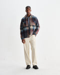 wax london men's Whiting - Blue And Multicolour Wool Check Overshirt