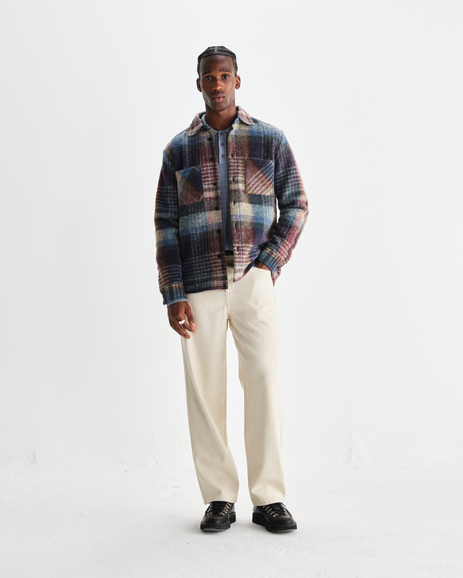 wax london men's Whiting - Blue And Multicolour Wool Check Overshirt
