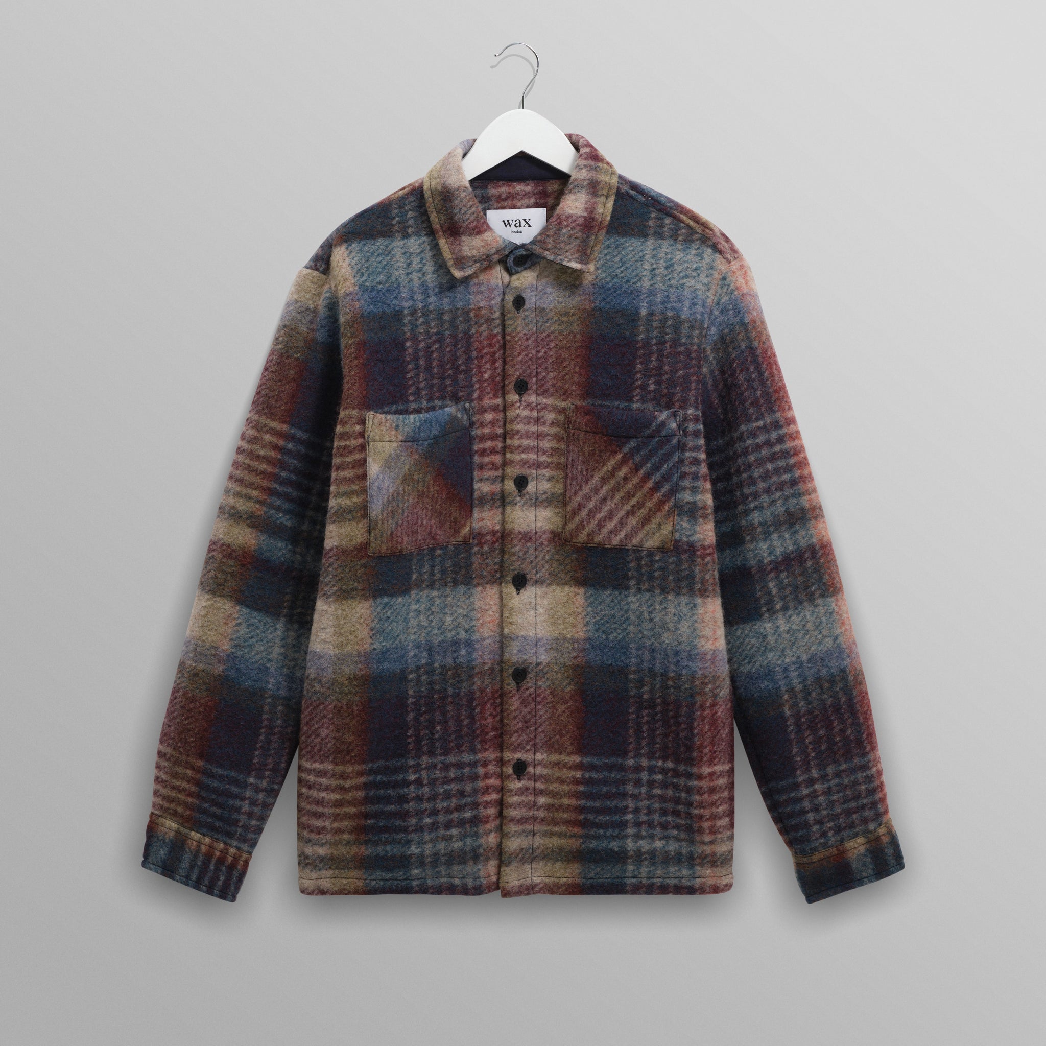 wax london men's Whiting - Blue And Multicolour Wool Check Overshirt