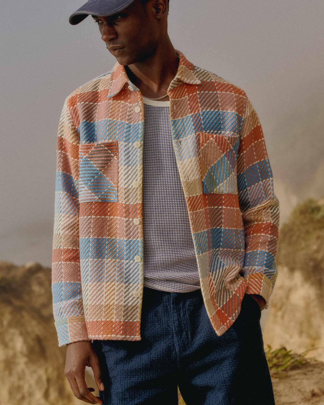 wax london men's Whiting - Blue And Orange Pike Check Overshirt