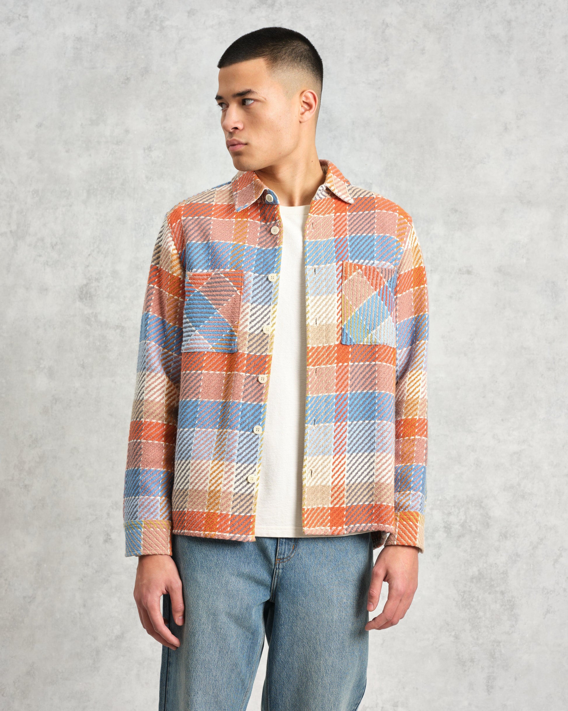 wax london men's Whiting - Blue And Orange Pike Check Overshirt