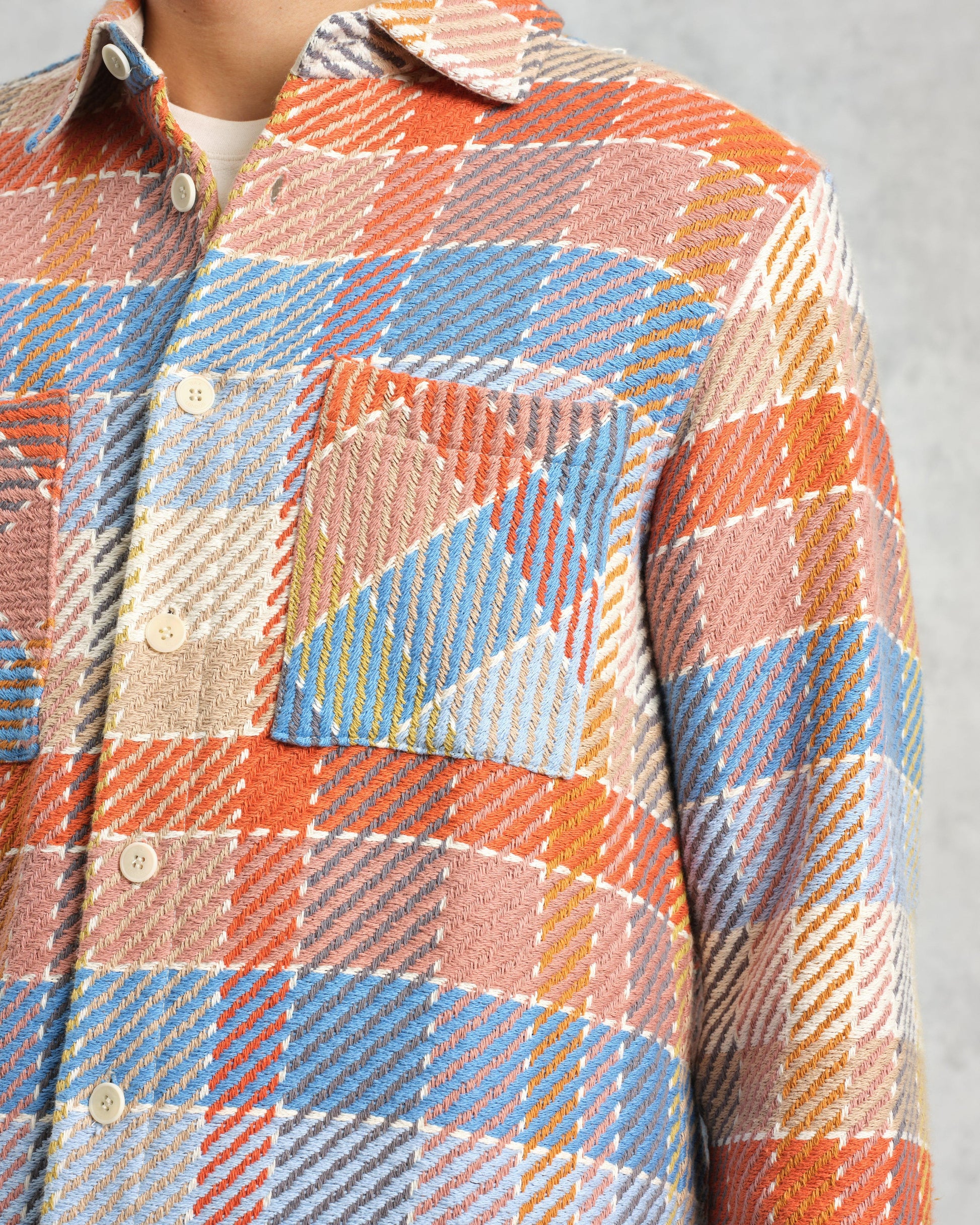 wax london men's Whiting - Blue And Orange Pike Check Overshirt
