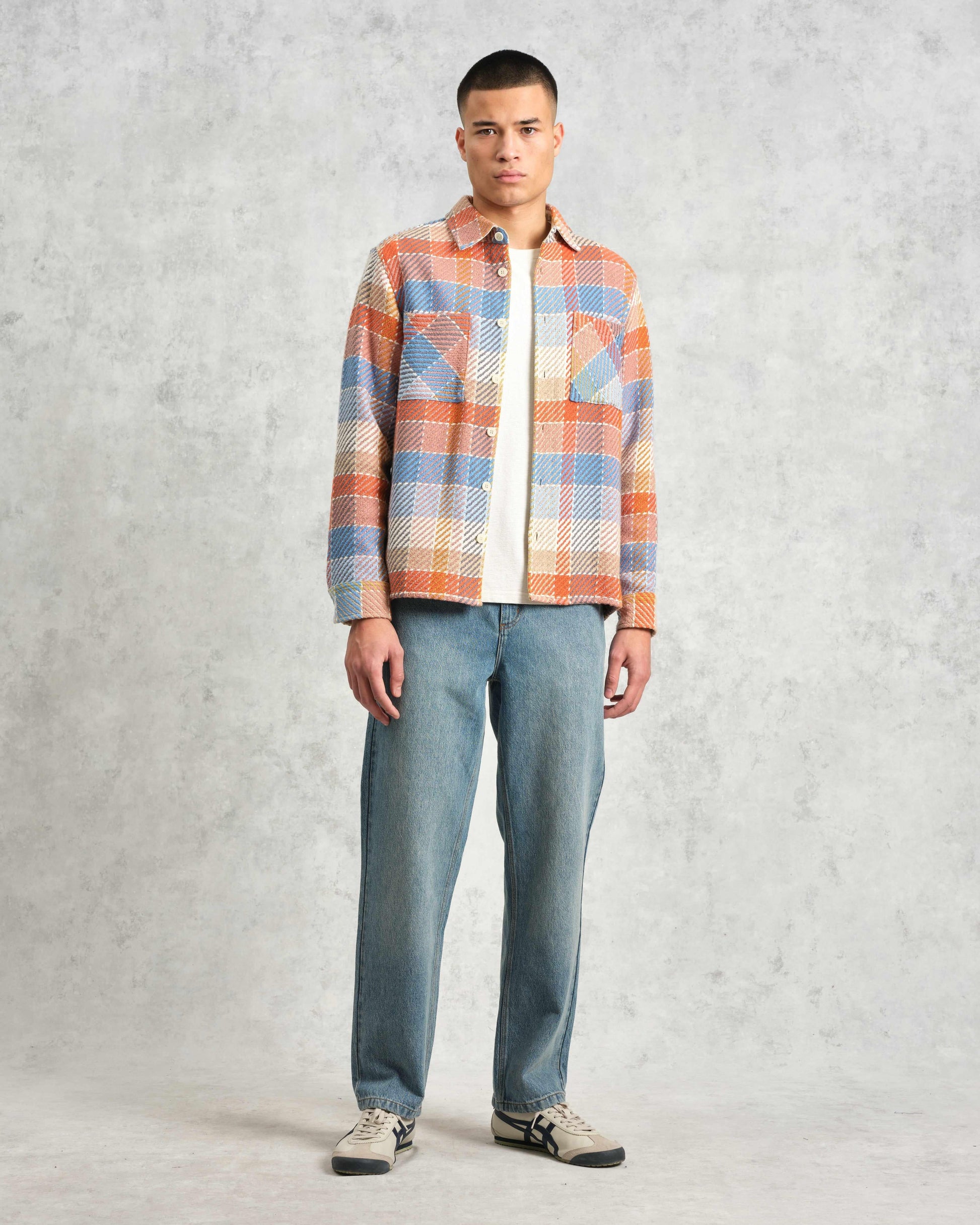 wax london men's Whiting - Blue And Orange Pike Check Overshirt
