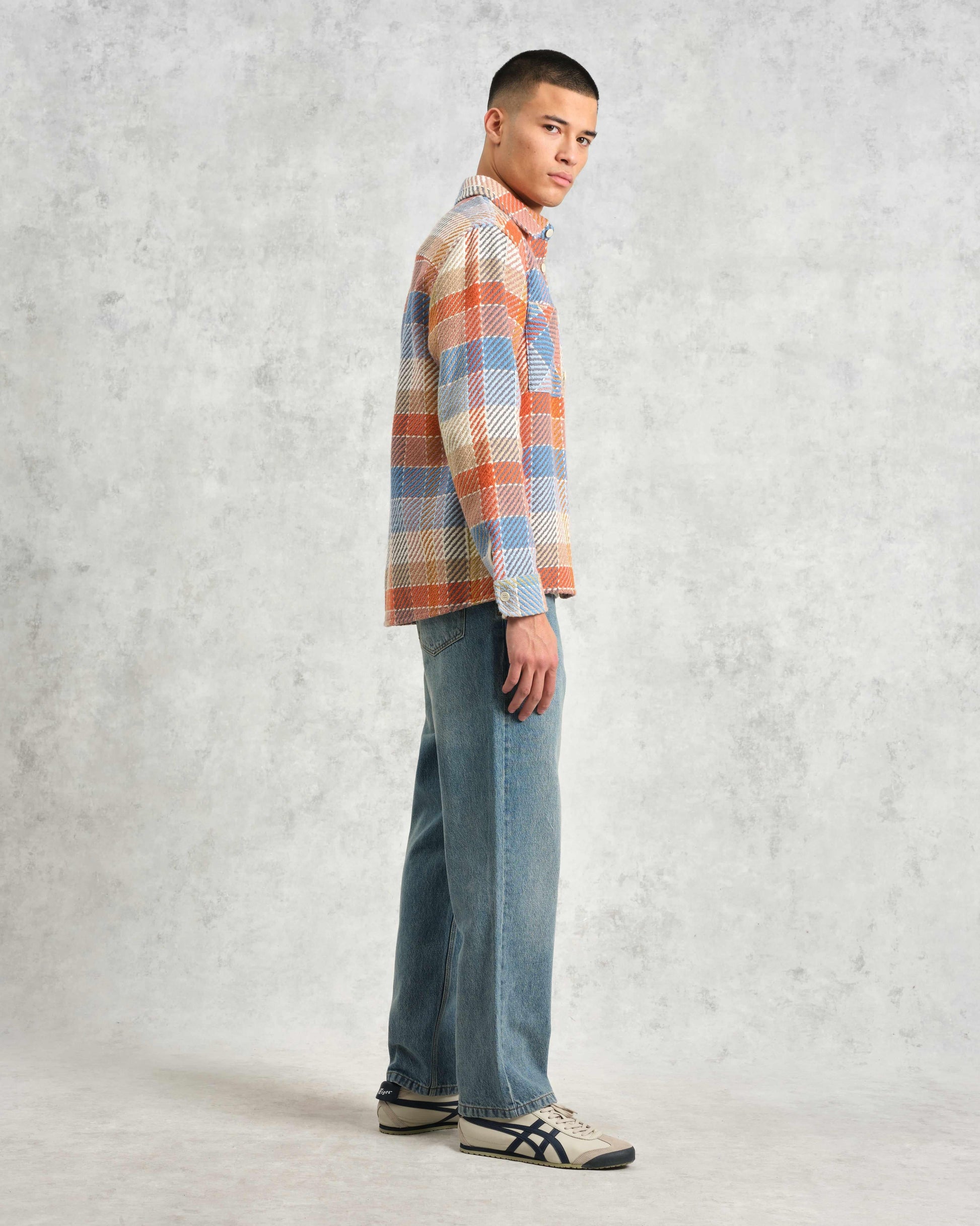wax london men's Whiting - Blue And Orange Pike Check Overshirt