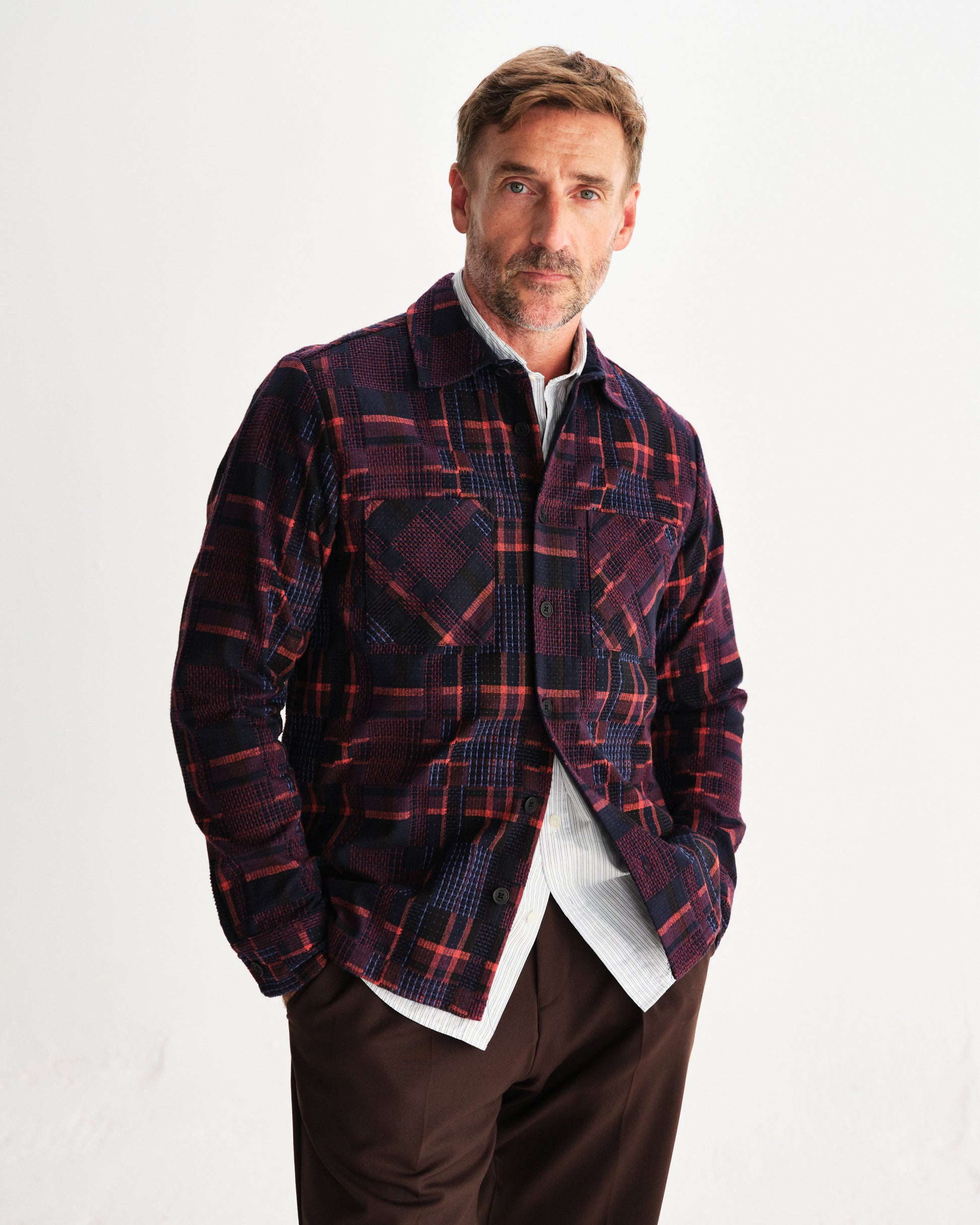 wax london men's Whiting - Burgundy And Multicolour Glitch Check Overshirt