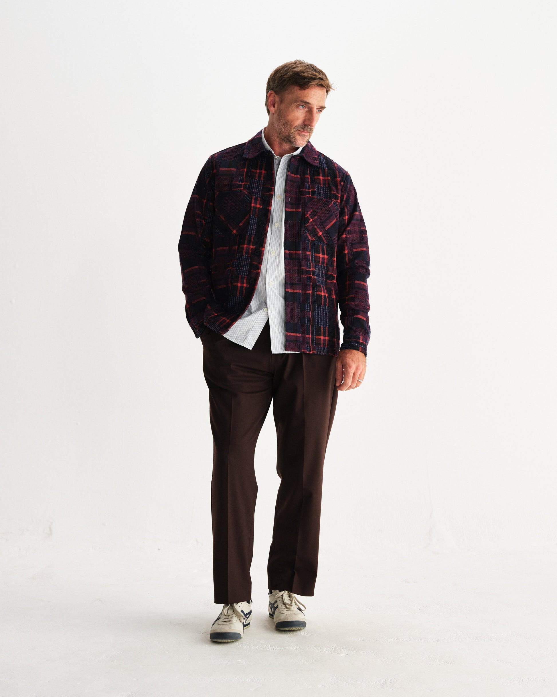 wax london men's Whiting - Burgundy And Multicolour Glitch Check Overshirt