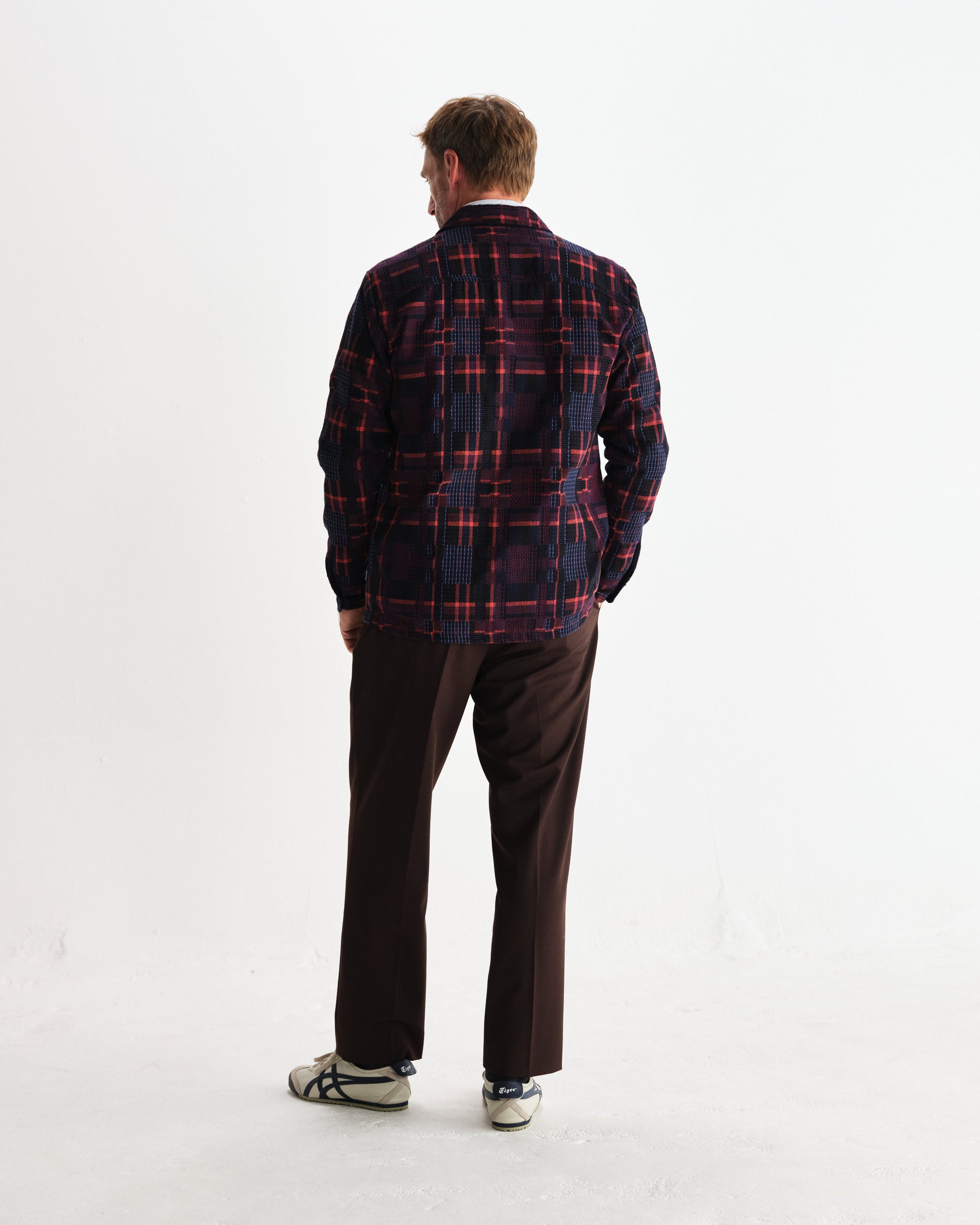 wax london men's Whiting - Burgundy And Multicolour Glitch Check Overshirt