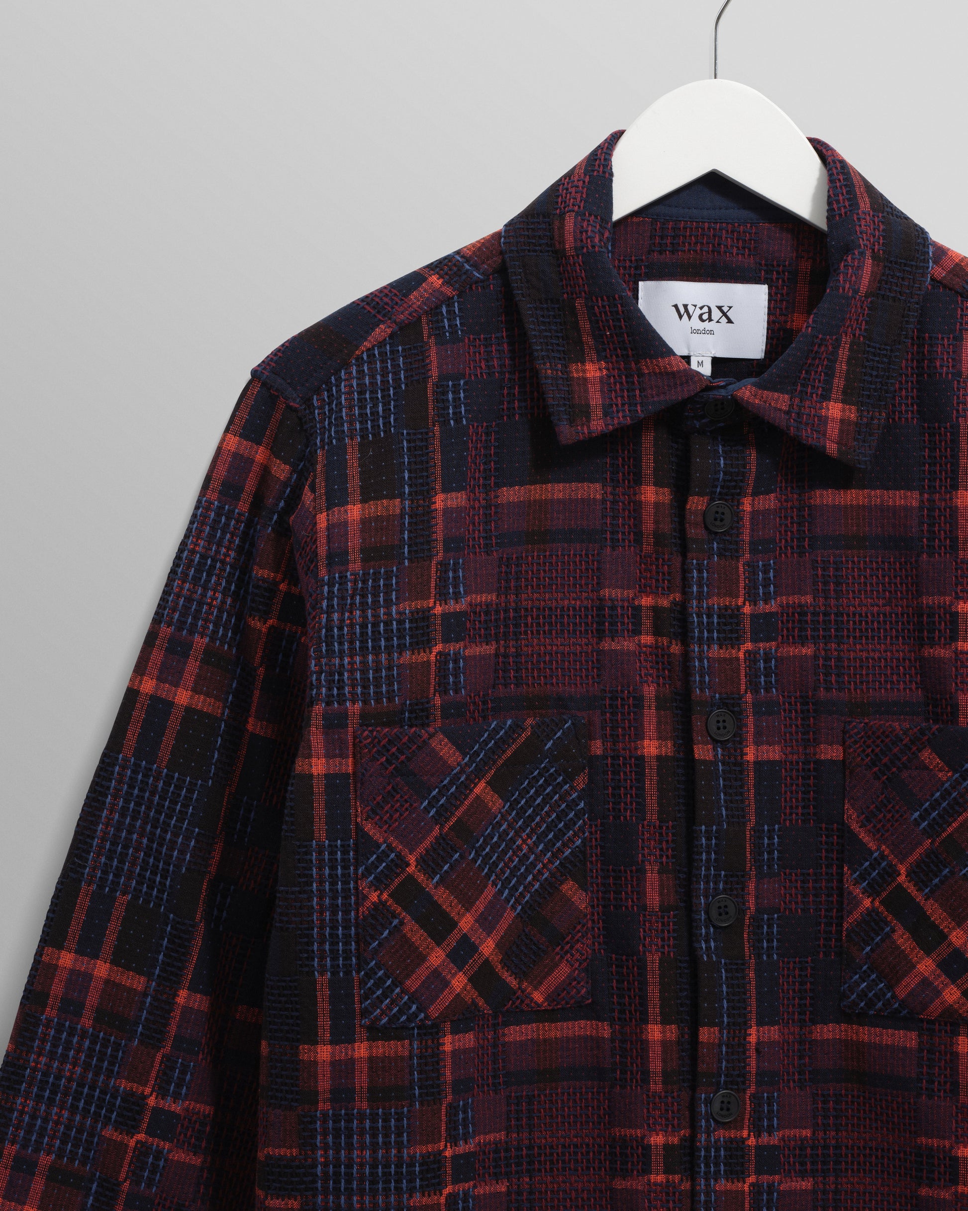 wax london men's Whiting - Burgundy And Multicolour Glitch Check Overshirt