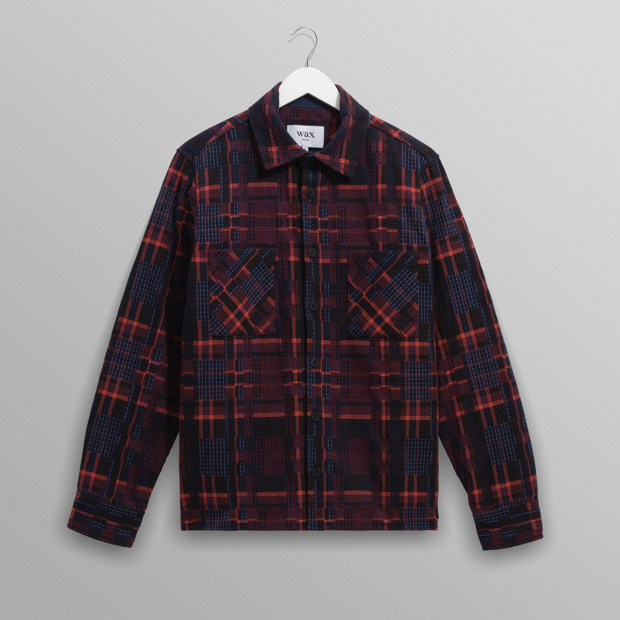 wax london men's Whiting - Burgundy And Multicolour Glitch Check Overshirt