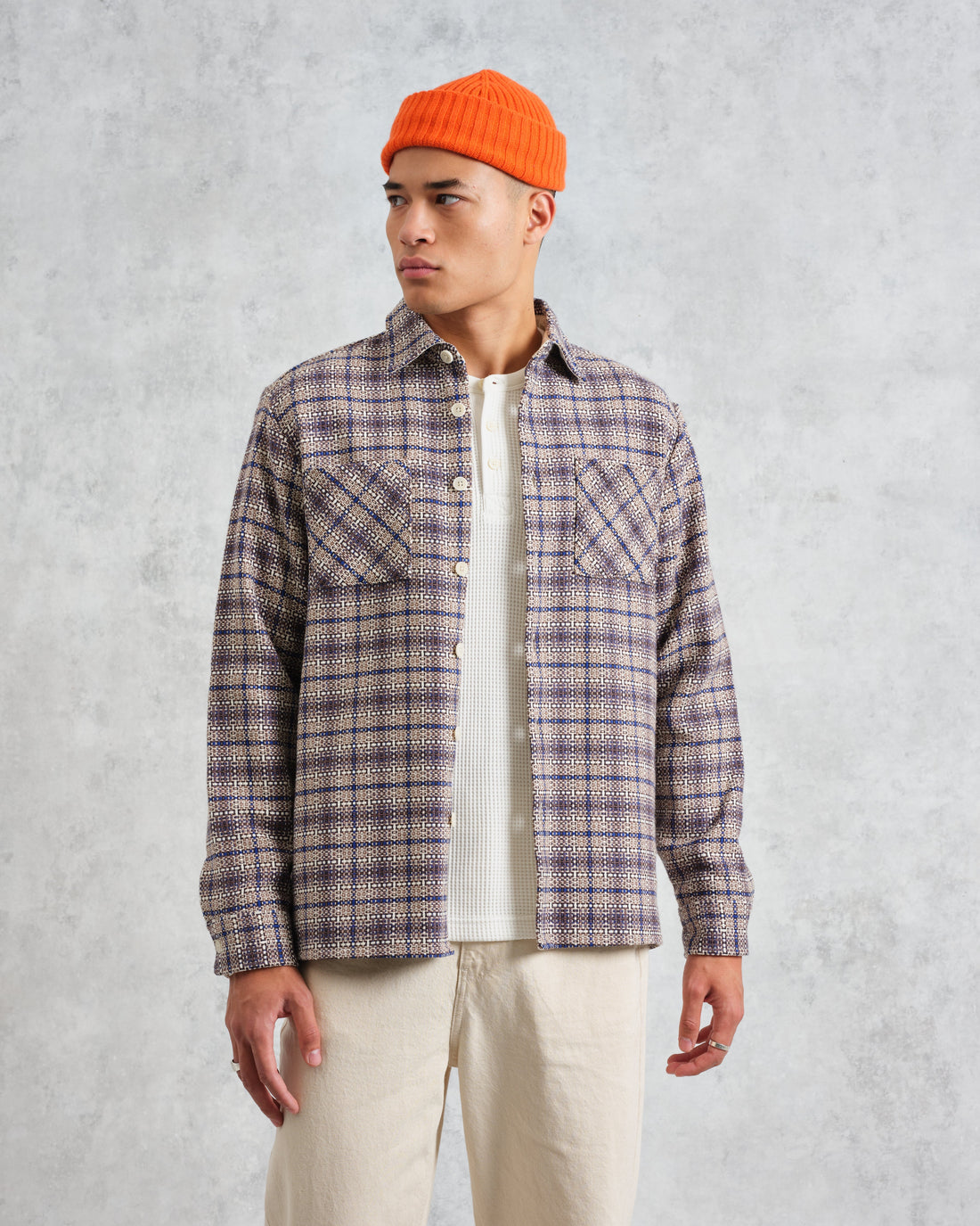 wax london men's Whiting - Ecru And Blue Basket Check Overshirt