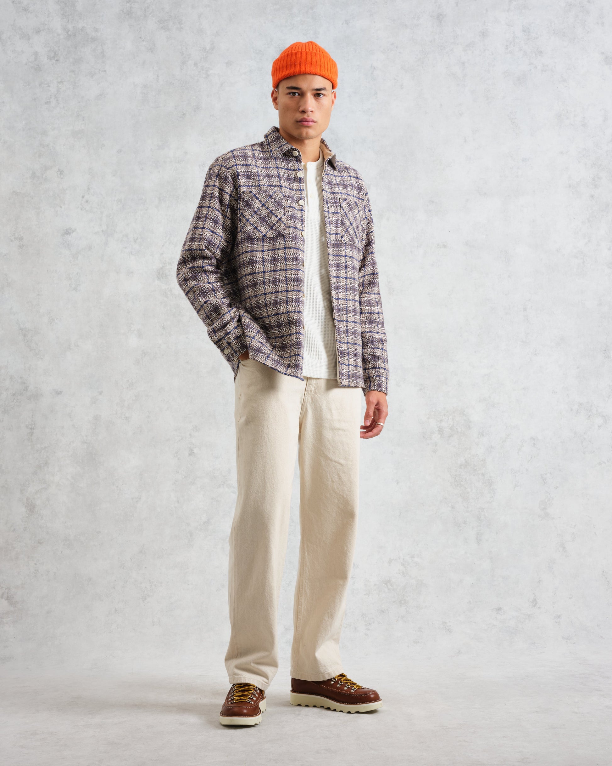 wax london men's Whiting - Ecru And Blue Basket Check Overshirt